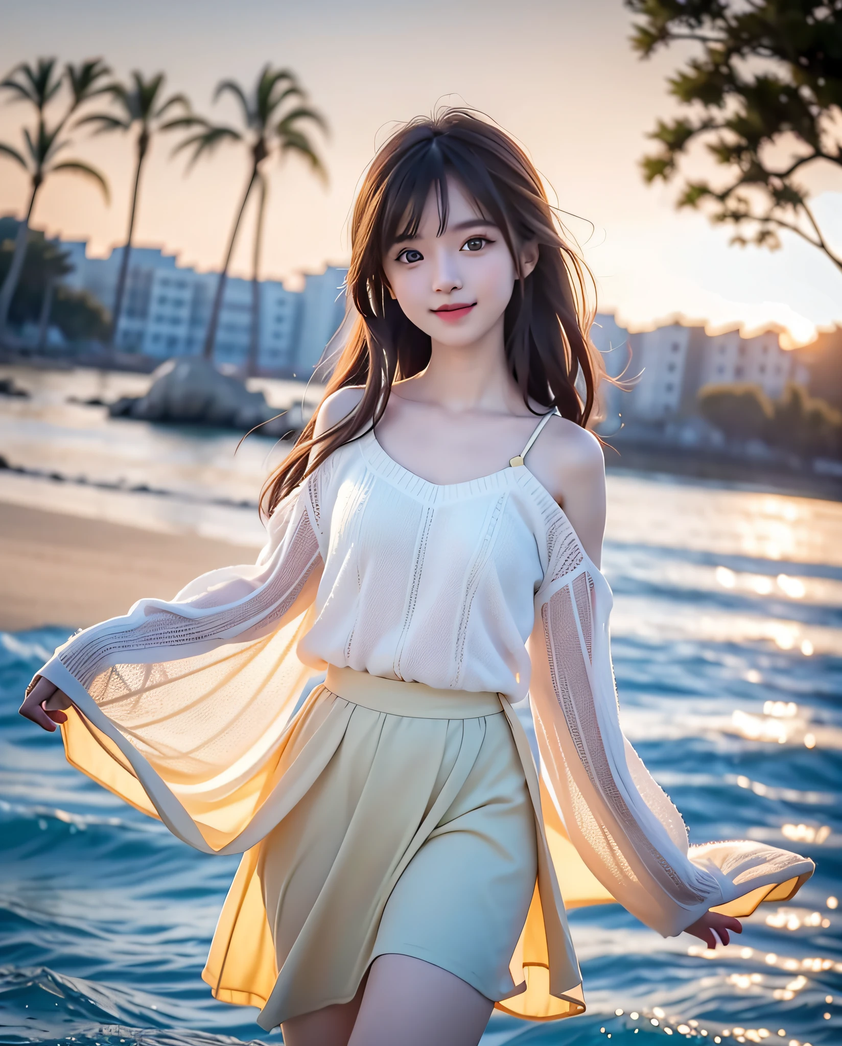 Coastal beauty, 1girl, (bright eyes, sun-kissed skin, carefree expression), beach background, lighthouse, soft sea breeze, playful pose, dynamic composition, golden hour lighting, blurred background, rich colors, fine details, surreal, 50mm lens, relaxing atmosphere. Portrait photography, 35mm film, natural blur, (upper body white wrapped chest, lower body long skirt), underage girl, good fingers, smile, full body, slender legs, young girl body proportions