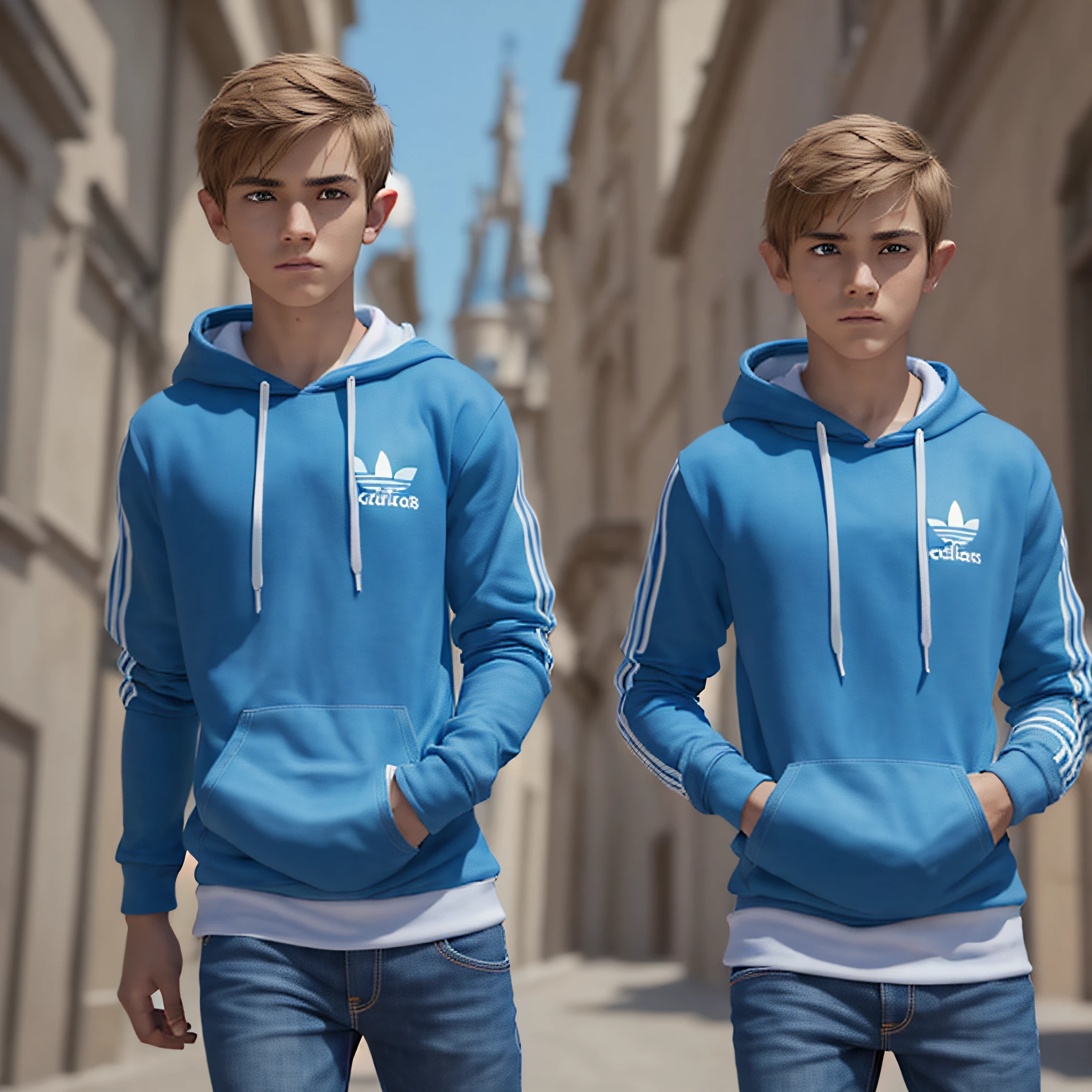 Com a imagem do link https://imgur.com/a/XF0zds7, criar um personagem de 18 years old boy, body serious face, with blue jeans and blue adidas Hoodie, hd, realistic, disney pixar style, 3D, 8K, Detail, 16:9 aspect, full body --auto --s2