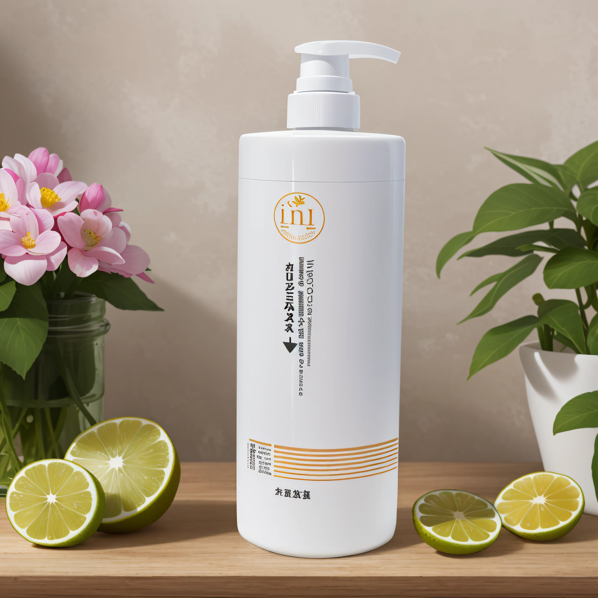 On the table next to the plant is a bottle of shampoo liquid, product photos, cleansing face and body skin, professional product photos, official product pictures, detailed pictures, professional product shooting, high quality theme rendering, product introduction photos, product pictures, close-up product photos, lemon peel texture, detailed pictures, product rendering, detailed product pictures