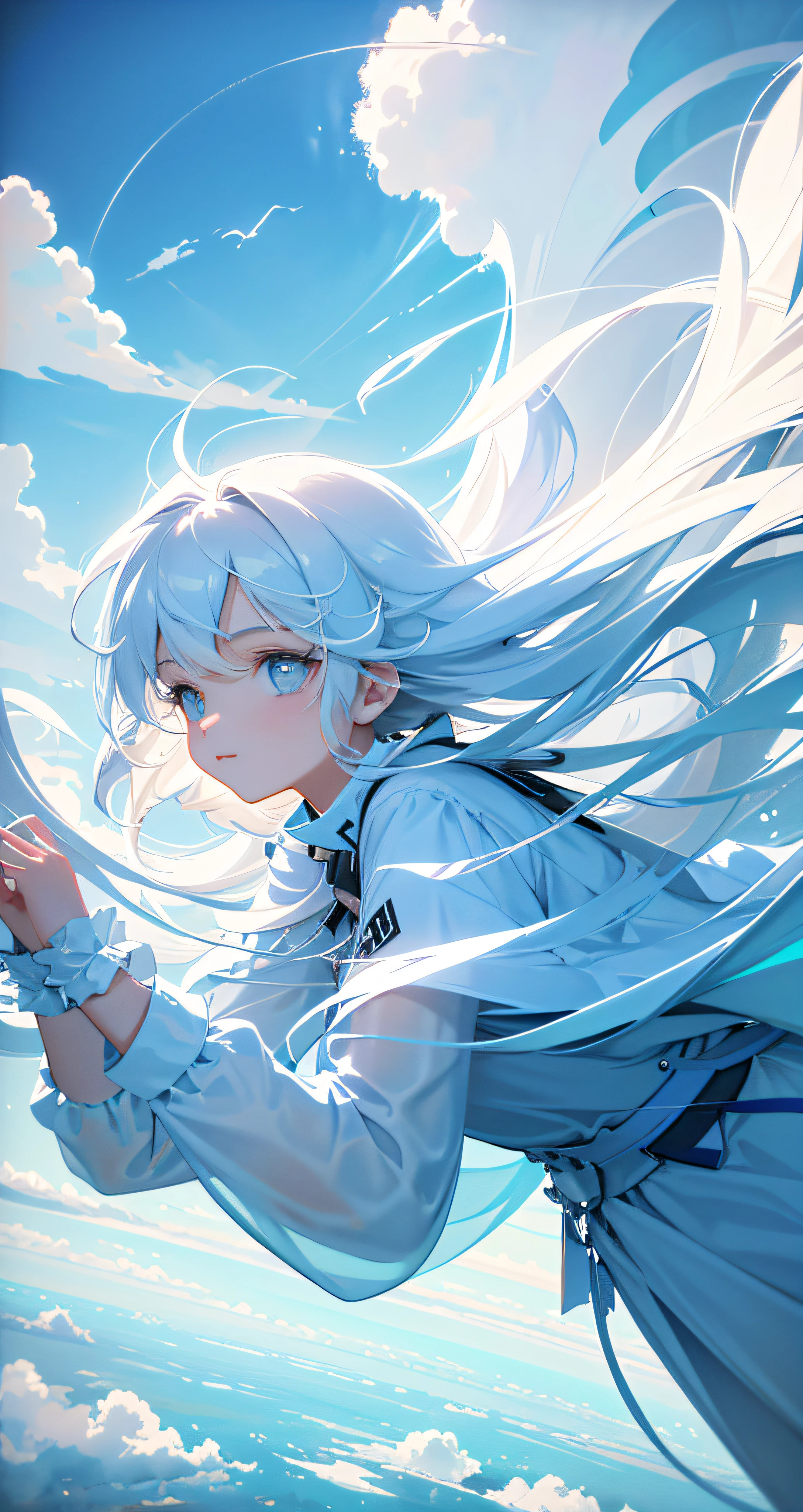 masterpiece, best quality, movie still, 1girl, floating in the sky, cloud girl, cloud, (close-up:1.1), bright, happy, fun, soft lighting, (Bauhaus, shapes, lines, abstract:1.1)