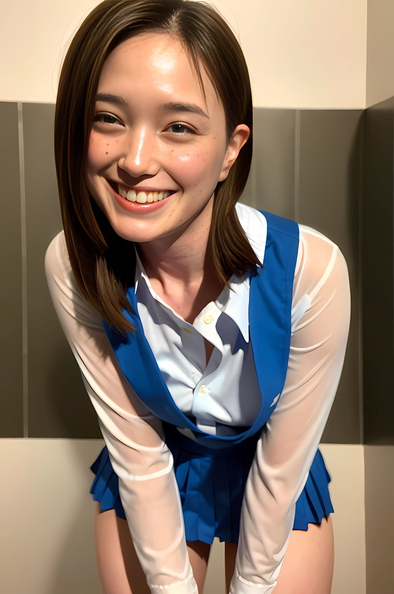 1girl, white skin, long hair:1.2, korean, young, bright blue eyes, thick eyebrows, freckles on skin, head tilted, one ear out, smiling, teeth out, school uniform, small waist, wide thighs, wide thigh gap, on all fours, inside restroom cubicle, hyper-realistic, high detail, 8k, masterpiece