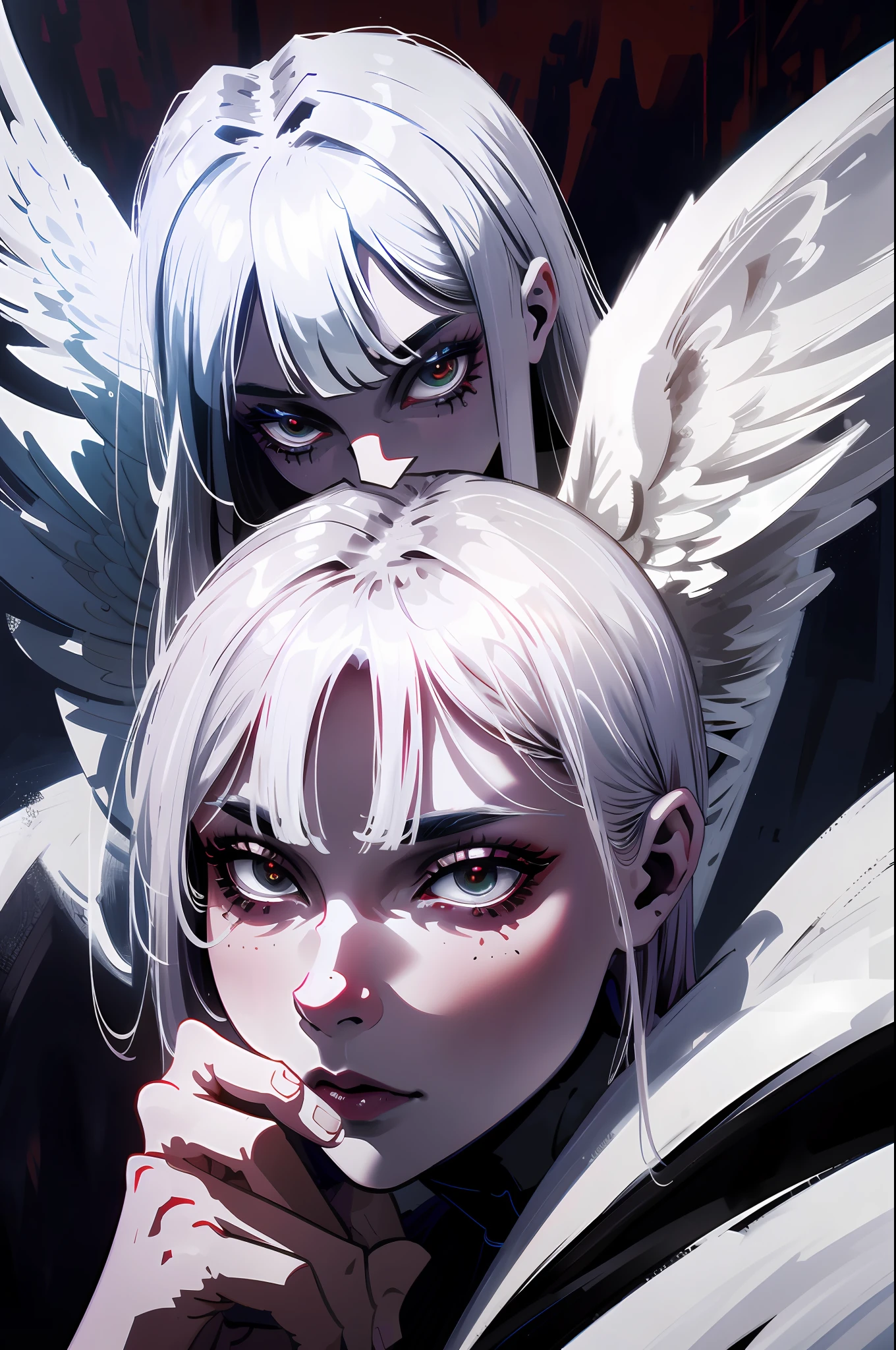 Masterpiece, best quality, a professional portrait illustration of Satan the fallen angel, with a dark style of a beautiful delicate intersex angel, large in a hellish setting of high fantasy at night, white skin as marble, bright eyes, white hair