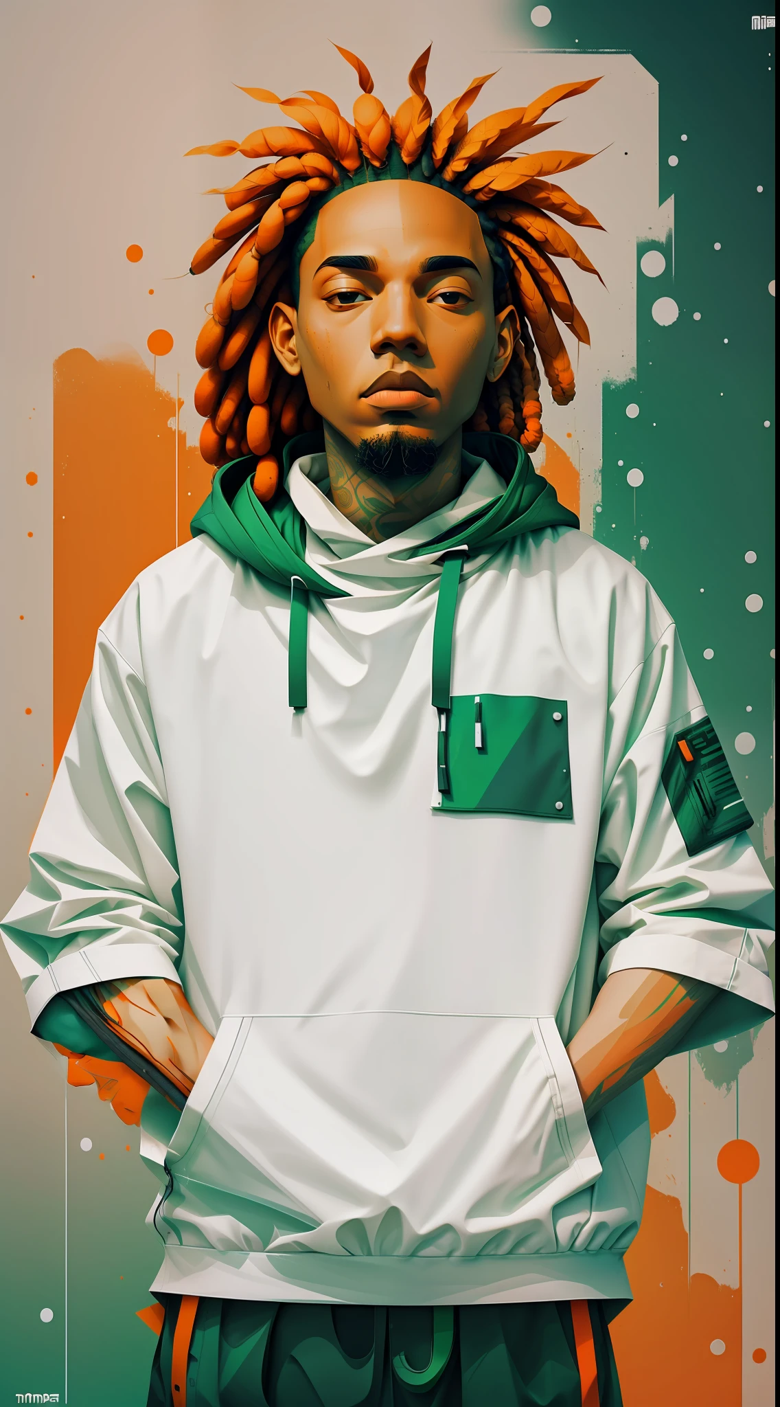 clean,minimalist,1rapper with green dreads hair,white techwear clothes,tatical clothes(orange,white),strong stroke around image,background with simple abstract designs