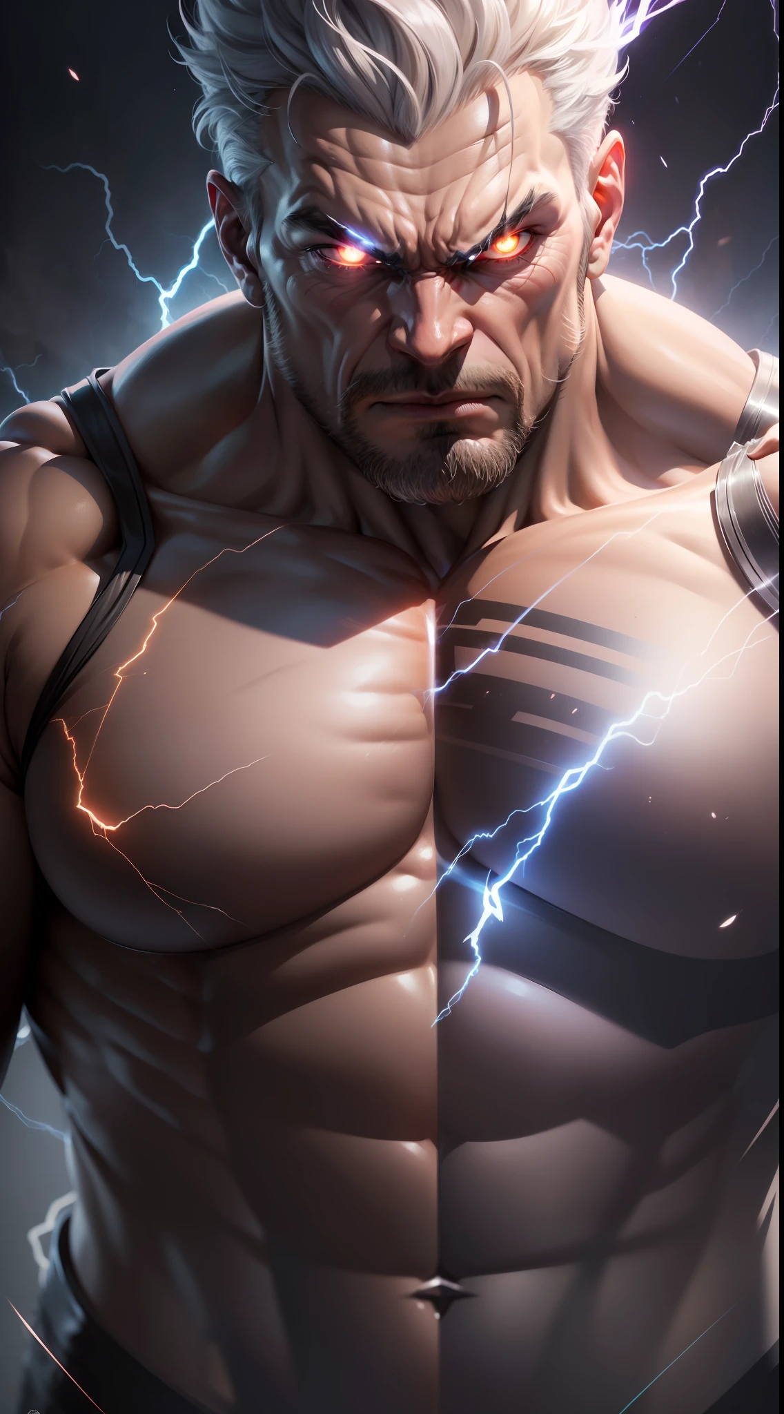 (extremely detailed CG unity 8k wallpaper, masterpiece, best quality, ultra-detailed), (best illumination, best shadow, an extremely delicate and beautiful), muscle man, angry and sinister expression, evil aura, lightning effects.