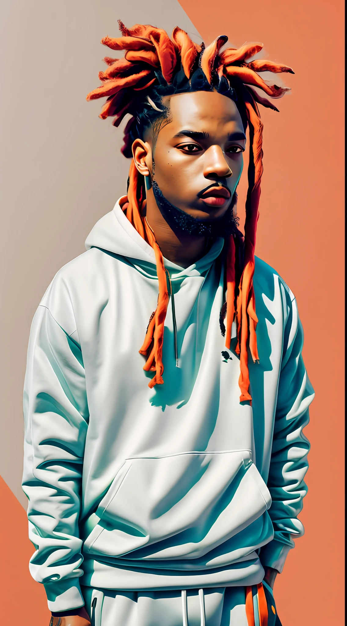 clean,minimalist,1rapper with green dreads hair,white techwear clothes,tatical clothes(orange,white),strong stroke around image,background with simple abstract designs