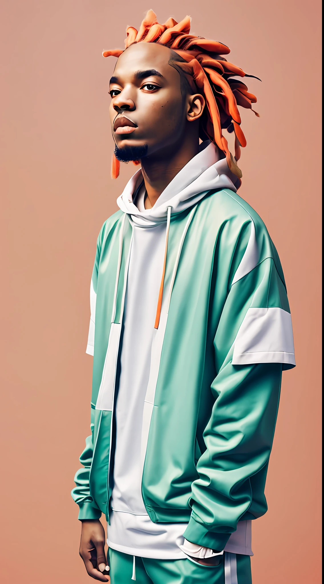 clean,minimalist,1rapper with green dreads hair,white techwear clothes,tatical clothes(orange,white),strong stroke around image,background with simple abstract designs