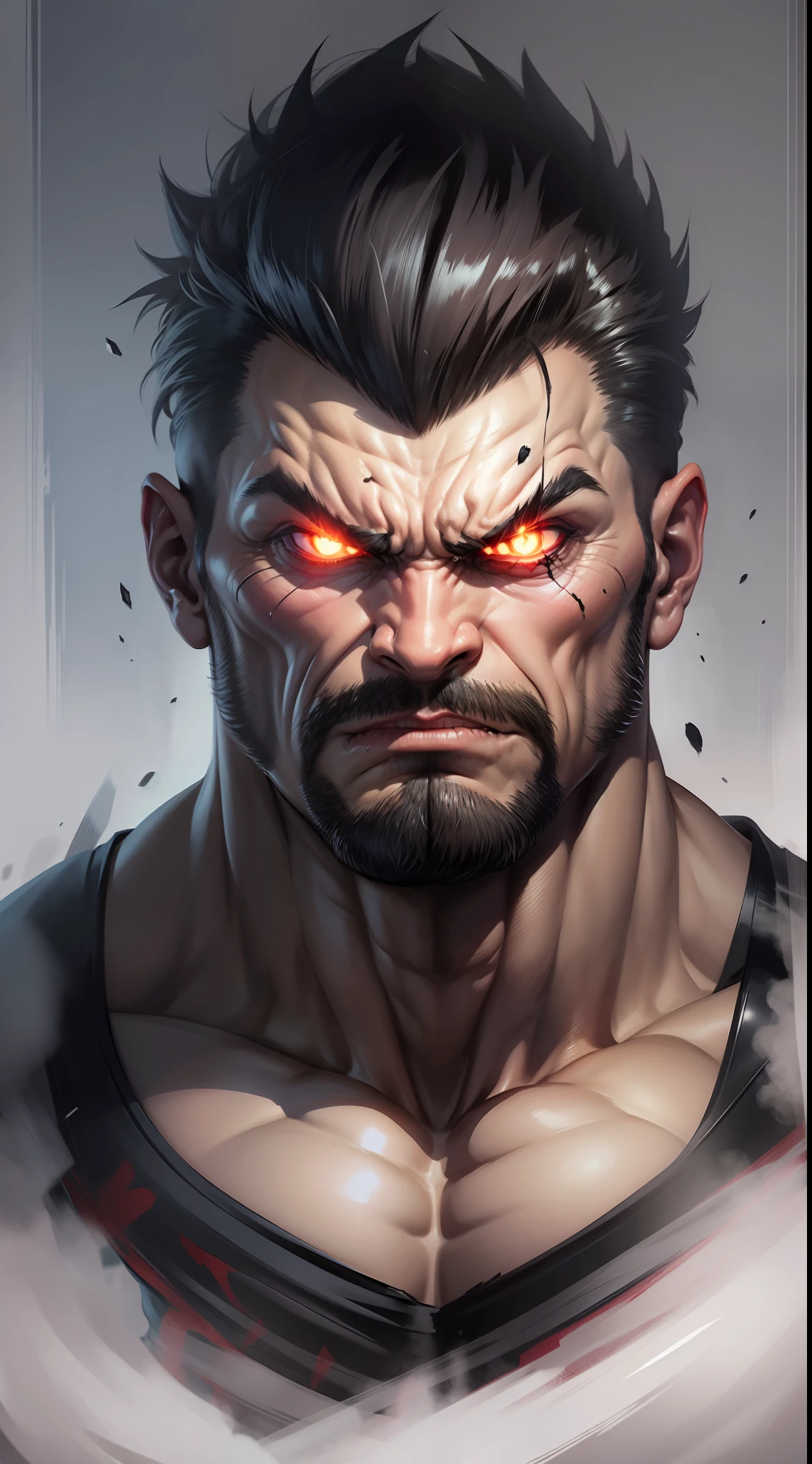 a super strong game boss extremely muscular, angry expression sinister very bad,