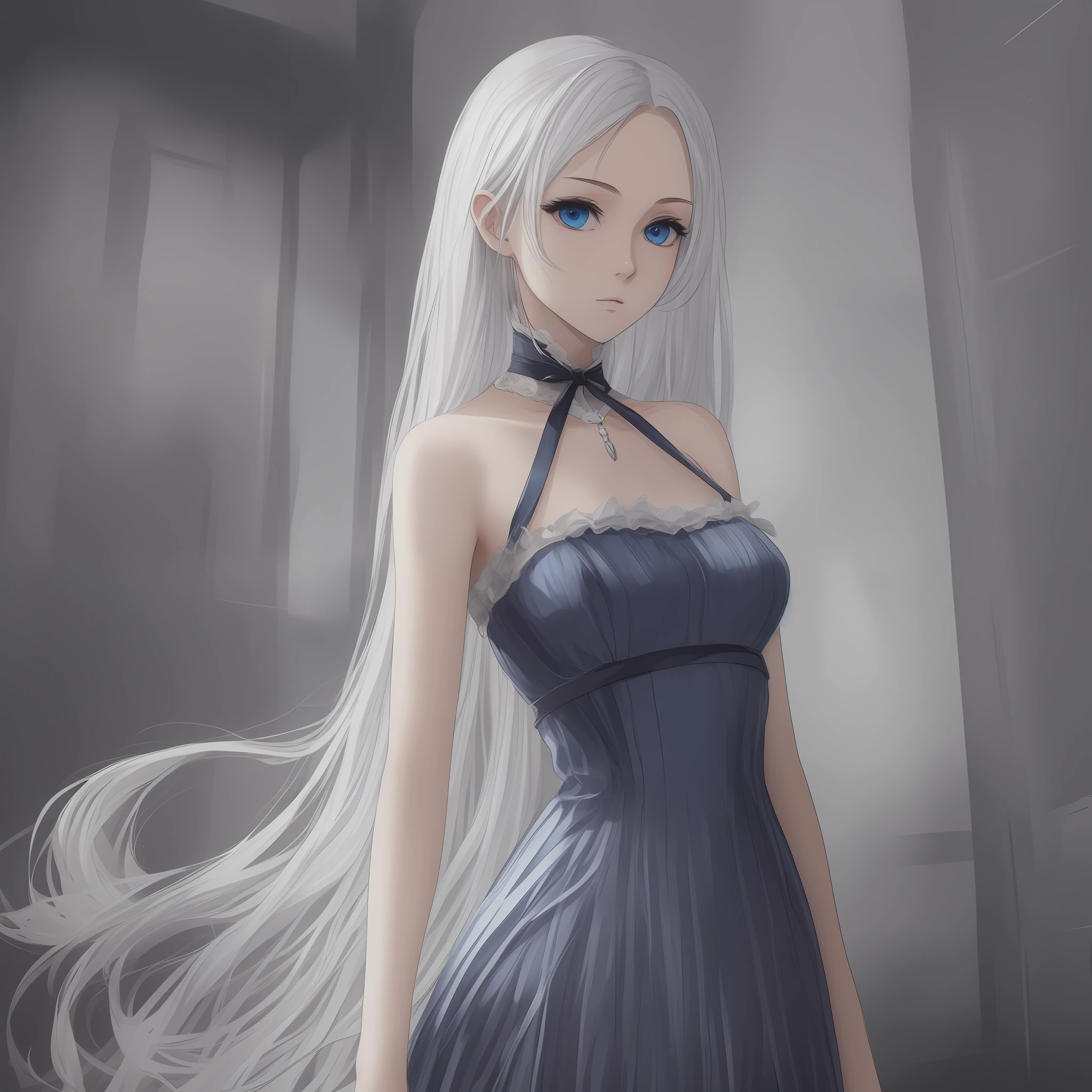Anime girl with defined face and softly outlined blue eyes, striking expression and marked jaw, thin and tall build, shoulder-length white hair.  Full body, casual black and white dress. --auto --s2