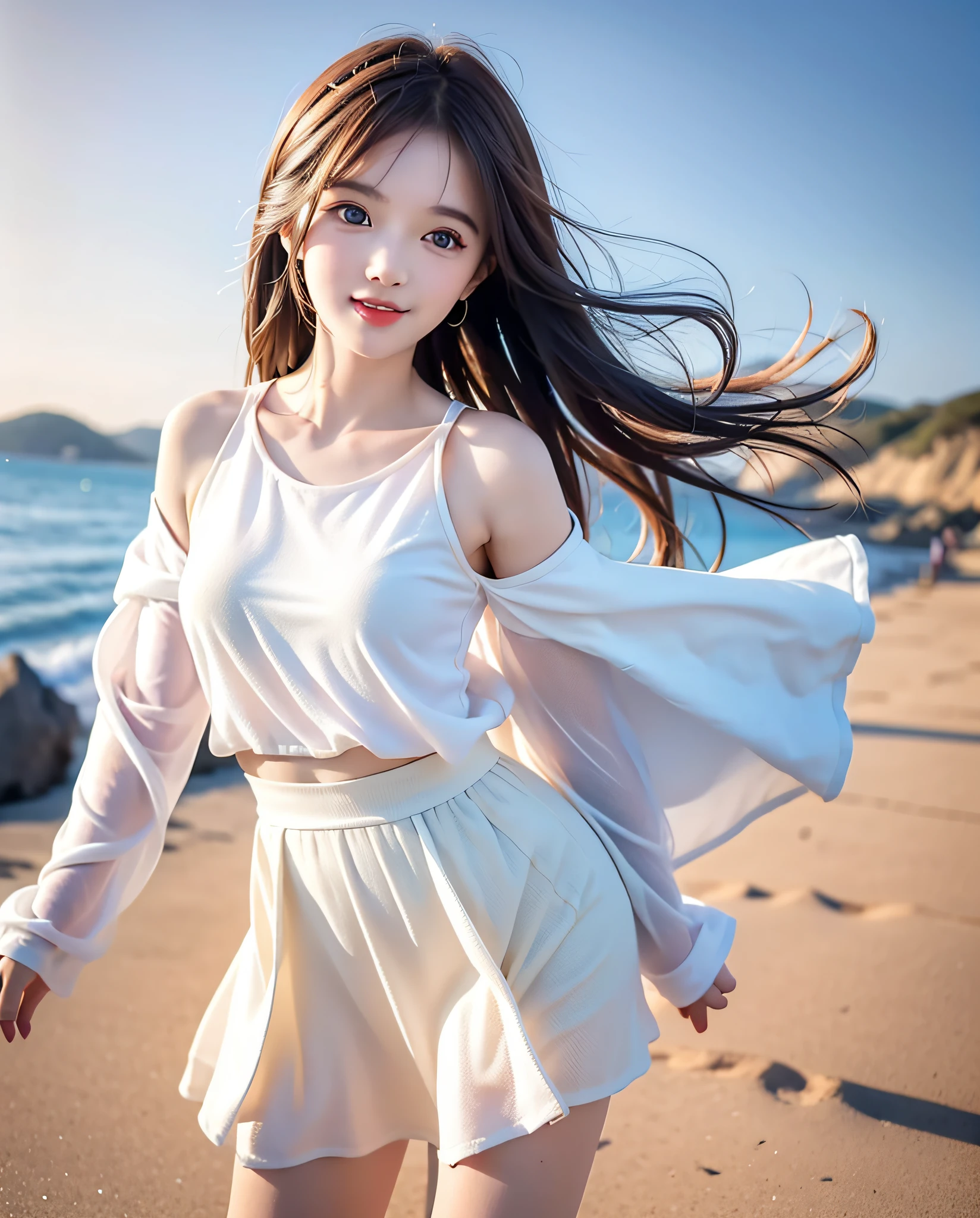 Coastal beauty, 1girl, (bright eyes, sun-kissed skin, carefree expression), beach background, lighthouse, soft sea breeze, playful pose, dynamic composition, golden hour lighting, blurred background, rich colors, fine details, surreal, 50mm lens, relaxing atmosphere. Portrait photography, 35mm film, natural blur, (upper body white wrapped chest, lower body long skirt), underage girl, good fingers, smile, full body, slender legs, young girl body proportions