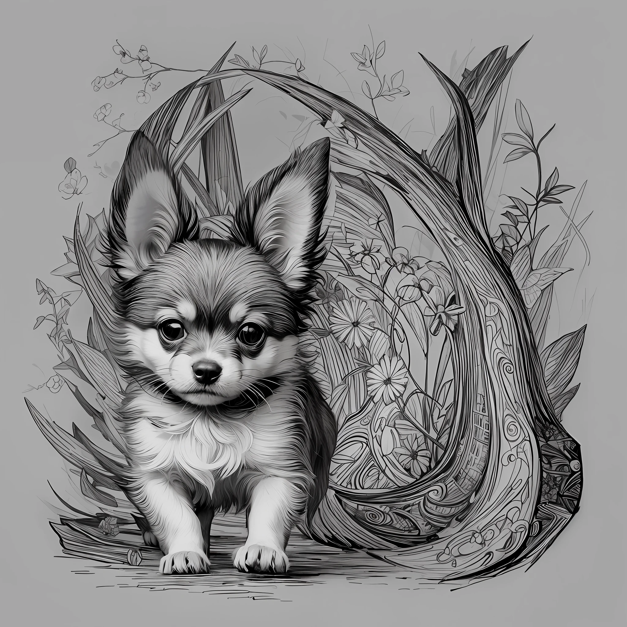 coloring page, no color, small cute chihuahua dog, running, environment is a forest with trees and flowers --auto --s2