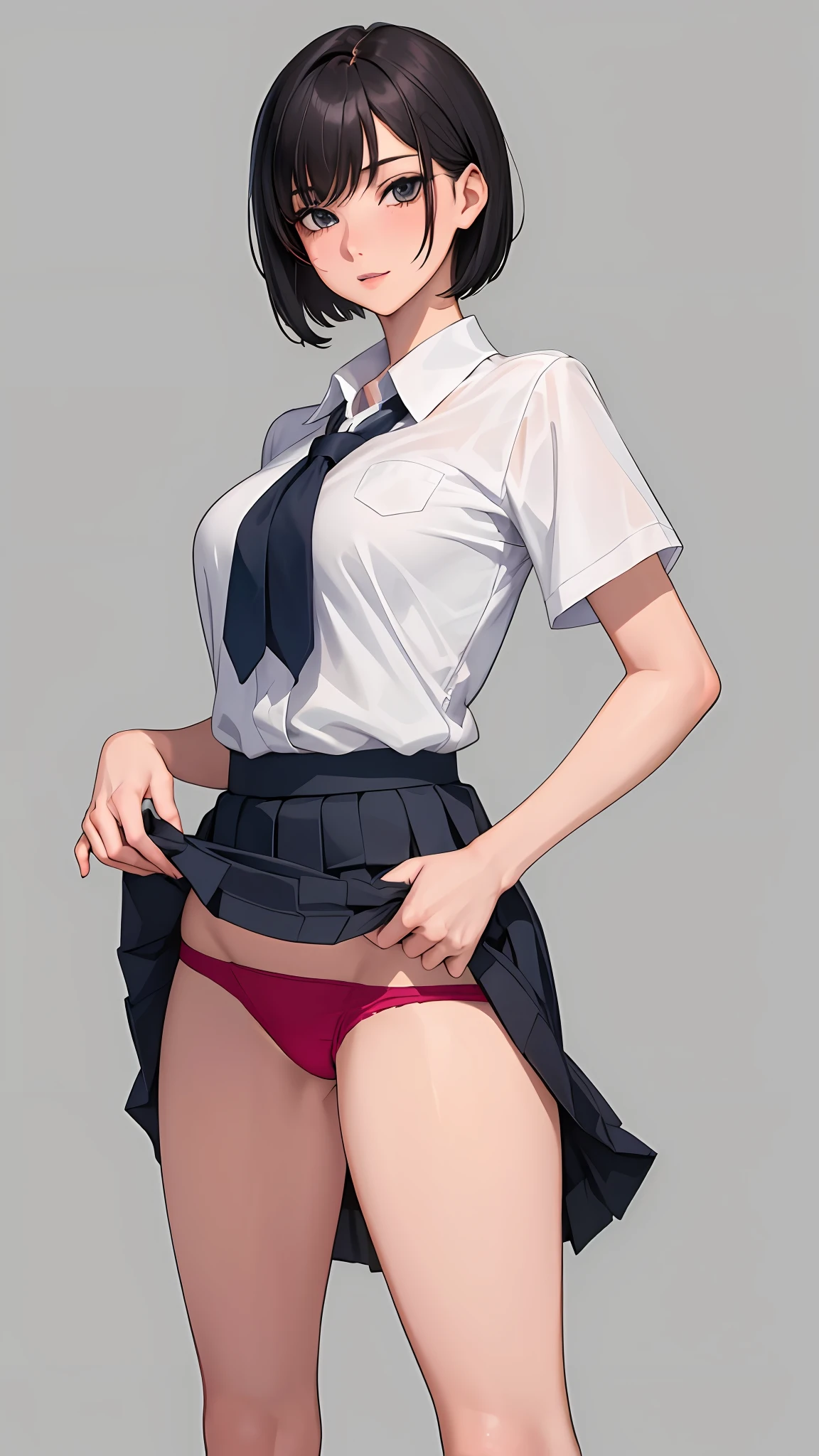 1girl, short hair,(school uniform),(((skirt lift with both hand))), ((sexy panty)), ((show off panty)), bare thigh, bottomless, (no background:1.5),