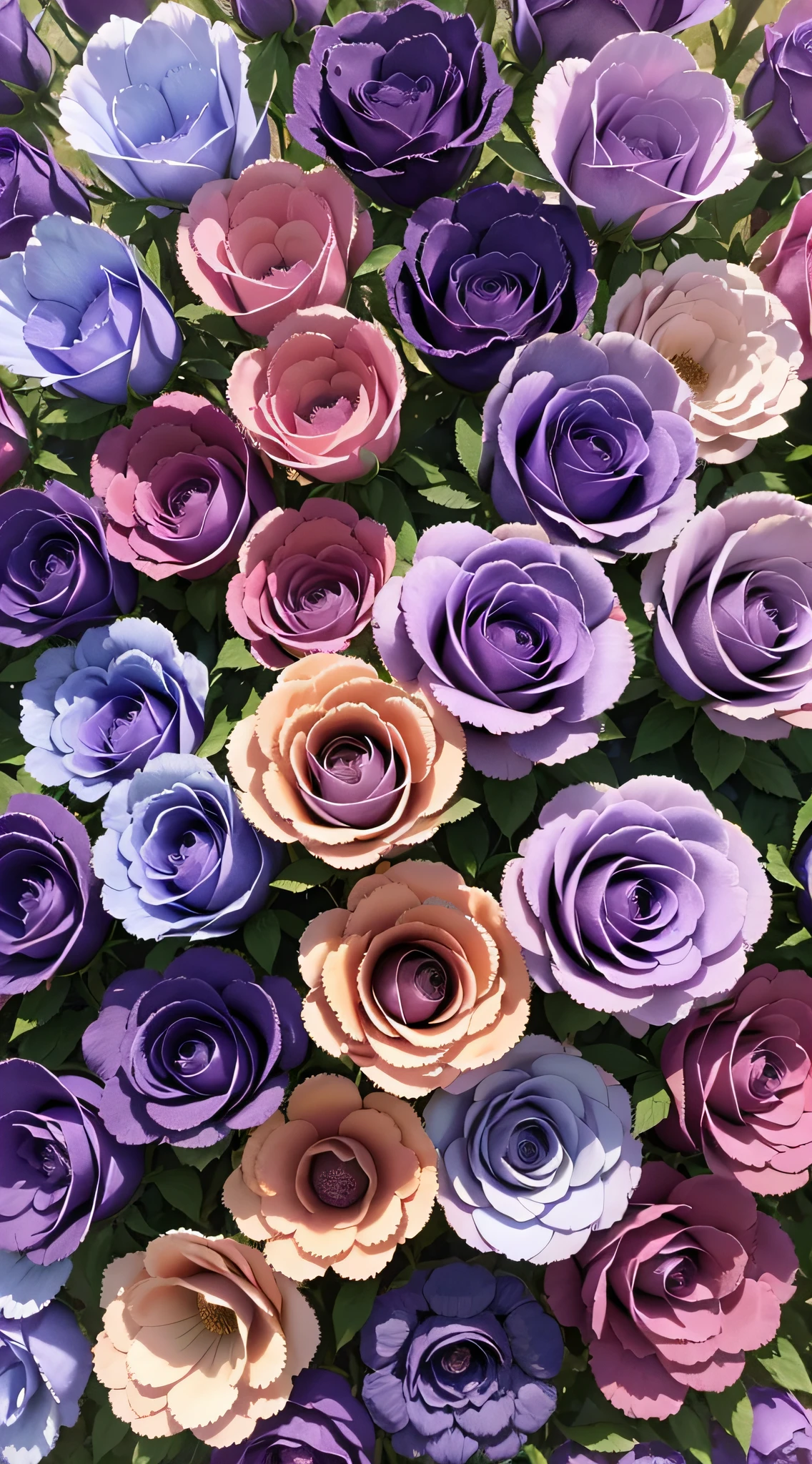 On a sunny day, backlit, 1000 purple roses blooming, beautiful petals, transparent, aerial photography, soft, soft, romantic, quiet, delicate, ultra-high resolution and ultra-HD panoramic images, photo realistic, 16K --v 5 --ar 2:3 --auto --s2