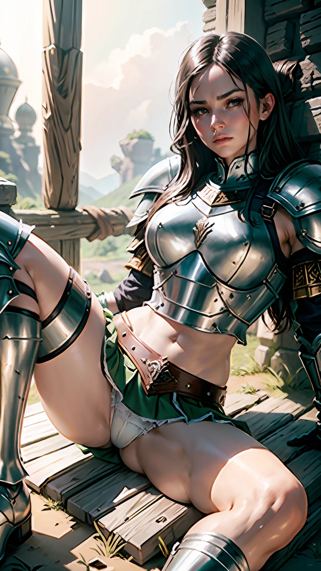 brunette warrior, armor, medieval fantasy, D&d, RPG, ultra realistic, ultra detailed, best quality, 8k, wallpaper, steel breastplate, steel boots, steel gauntlets, steel gloves, sitting, open legs, green skirt, small panties, white panties, panty view, upskirt, thong, cameltoe, pantyshot, RAW,