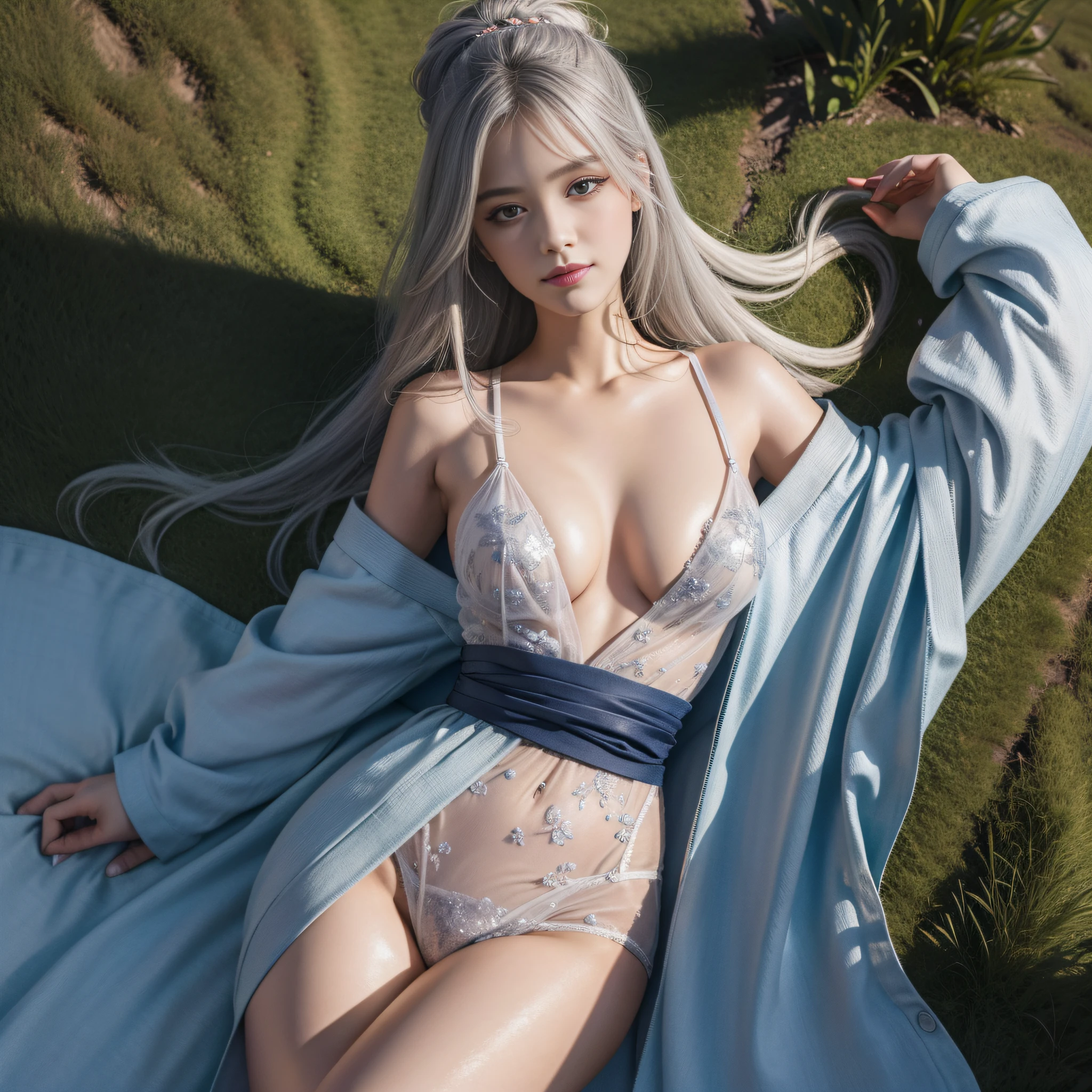 (hyperrealistic) , (illustration), (increase resolution), (8K), (extremely detailed), (best illustration), (beautiful detailed eyes), (best quality), (ultra-detailed), (masterpiece), (wallpaper), (detailed face), solo, 1 girl, looking at the audience, delicate details, detailed face, pureerosfaceace_v1, smile, long hair, exposed short kimono, sexy pose, full body shot, grass, no underwear, back photo. Exposed butt, silver hair, buttocks, buttocks, side breasts,