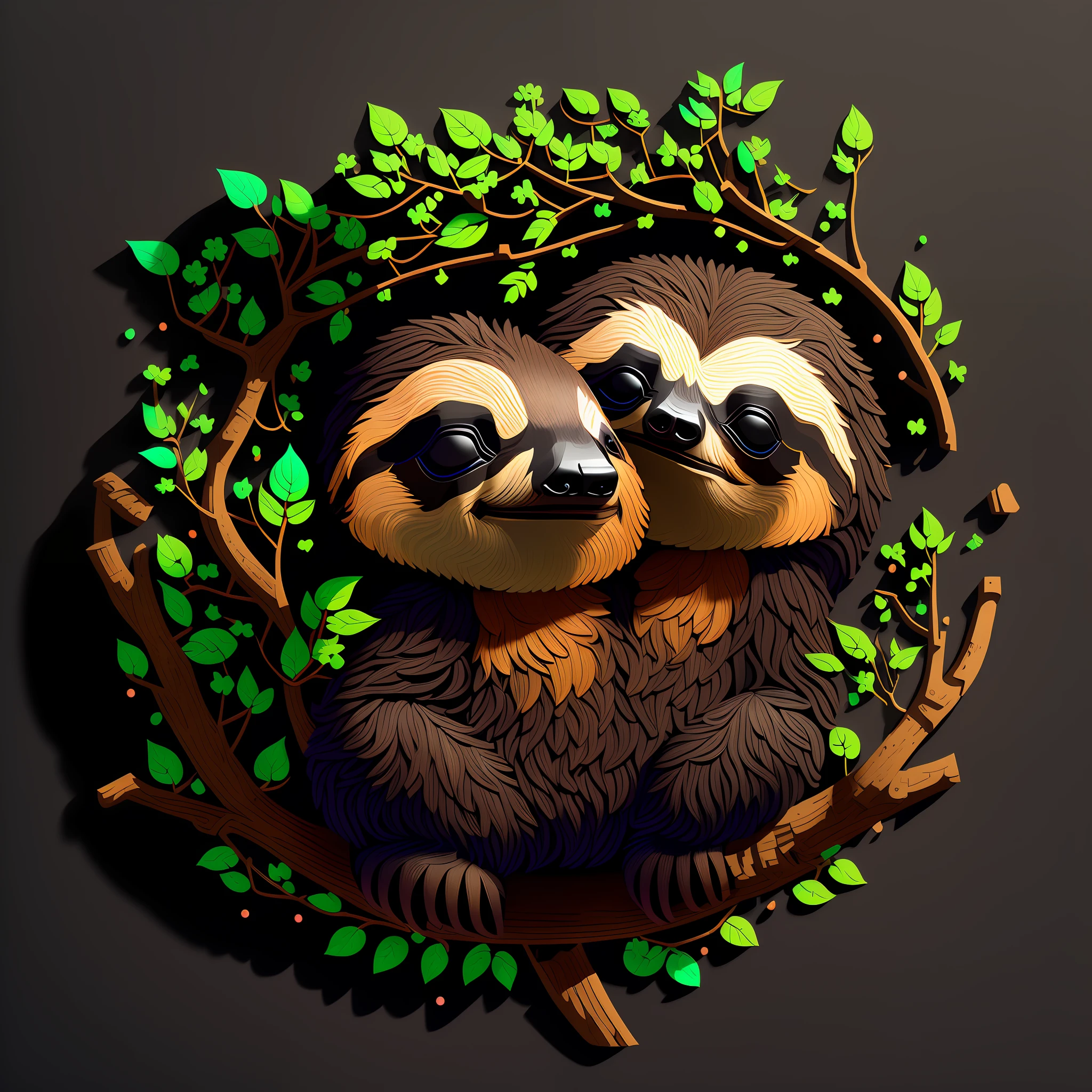 T-shirt art, 3D, ((black background: 1.5), vector, vivid colors, chibi
cute sloth, (on a branch))) masterpiece, best quality, intricate details,
perfect symmetrical face, realistic details, nature theme, light edge,
moonlight, cinematic shading, Greg Rutkowisk --auto --s2