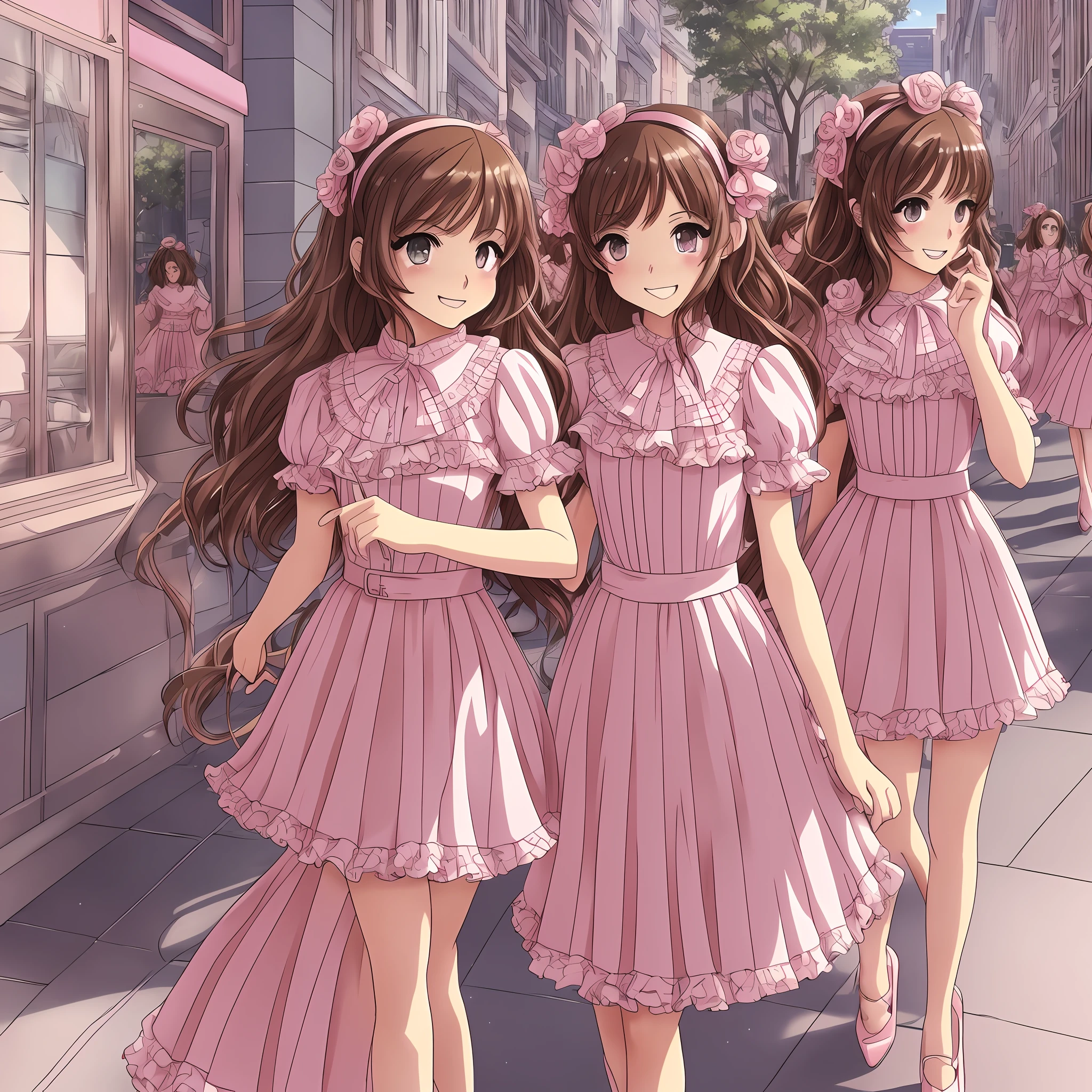 perfect anime illustration, multiple girls, thousands of girls, millions of girls, rich girls, clones, identical sisters, sisters crowded together, sisters in background, brown hair, curly hair, matching hairstyle, hazel eyes, smiling, ((matching outfits, pink dresses, elegant dresses, high heels)), matching hairstyles, white background, highres, full body, sisters marching