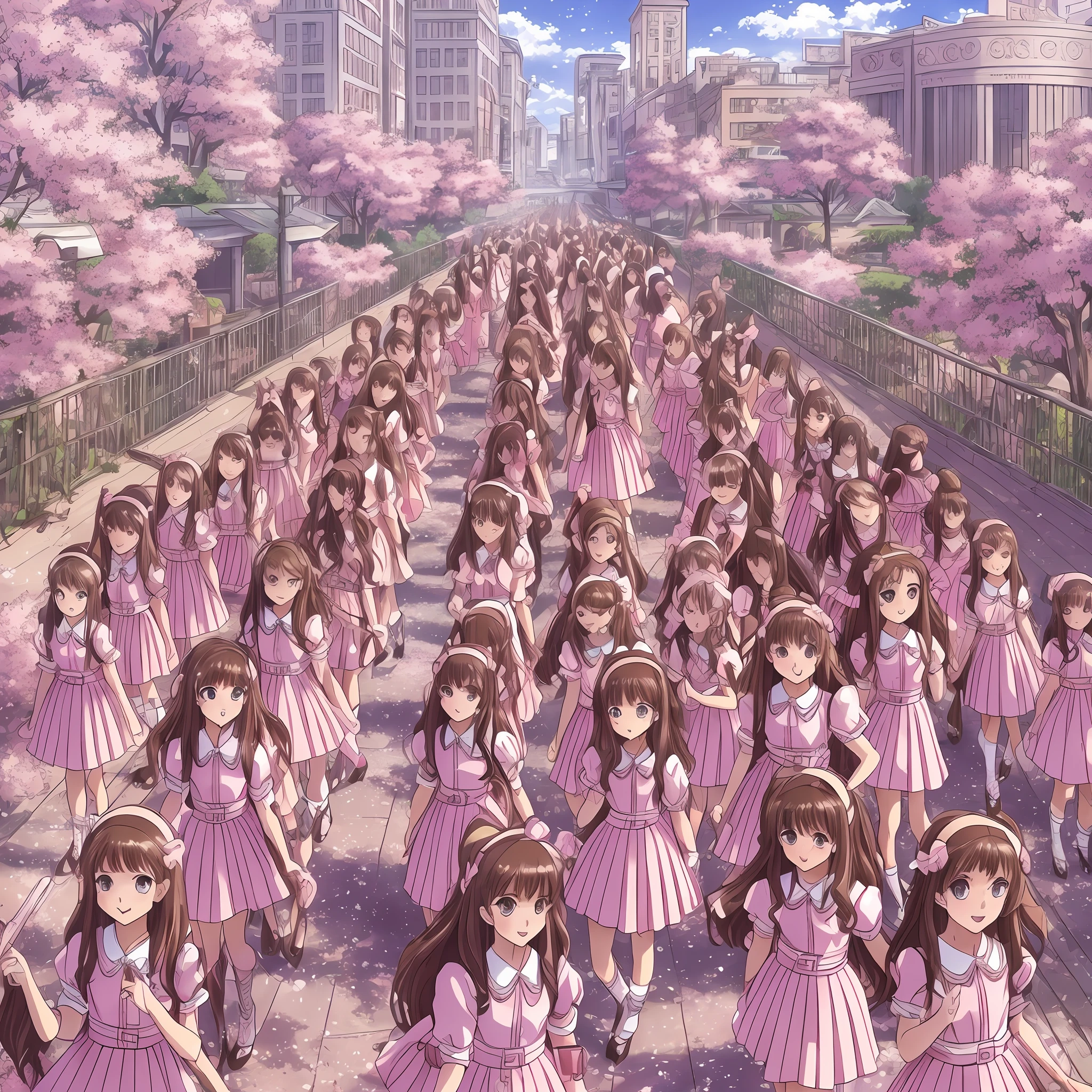 perfect anime illustration, multiple girls, thousands of girls, millions of girls, rich girls, clones, identical sisters, sisters crowded together, sisters in background, brown hair, curly hair, matching hairstyle, hazel eyes, smiling, ((matching outfits, pink dresses, elegant dresses, high heels)), matching hairstyles, white background, highres, full body, sisters marching