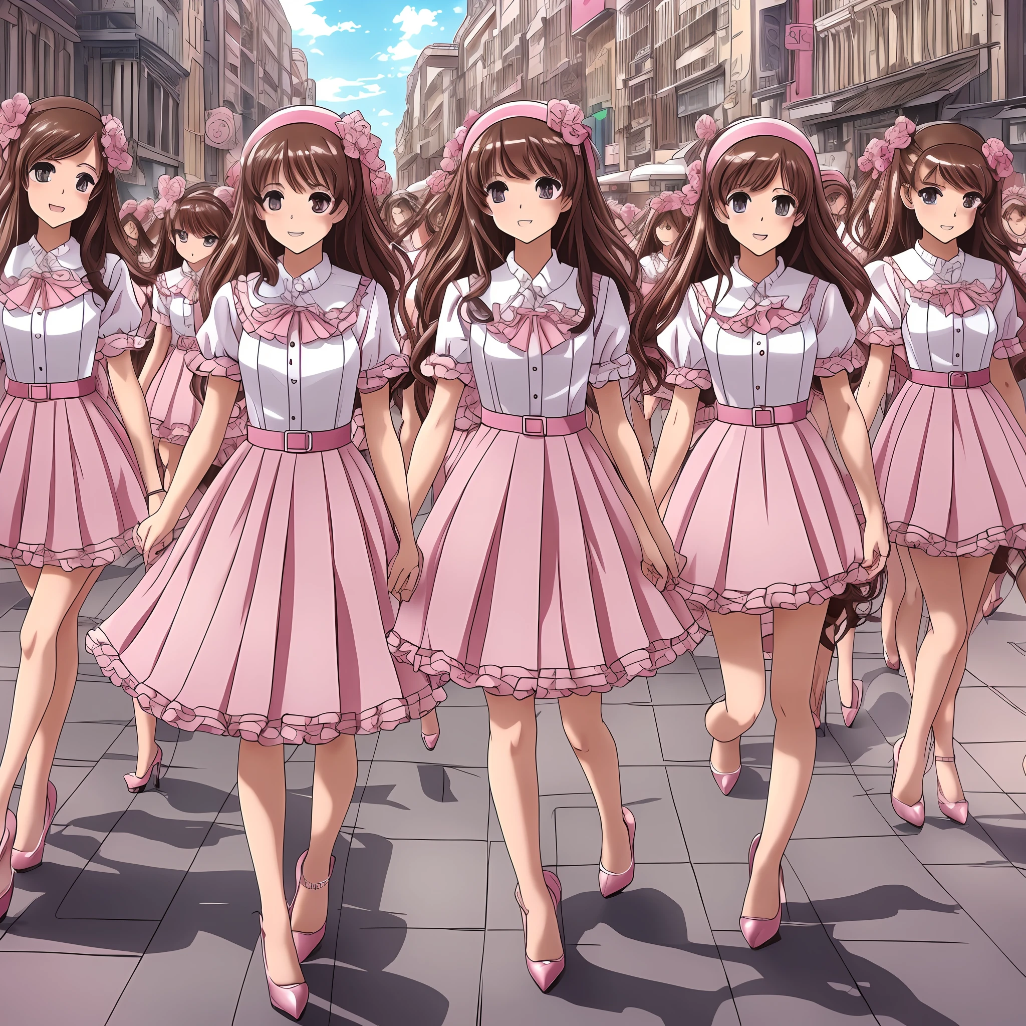 perfect anime illustration, multiple girls, thousands of girls, millions of girls, rich girls, clones, identical sisters, sisters crowded together, sisters in background, brown hair, curly hair, matching hairstyle, hazel eyes, smiling, ((matching outfits, pink dresses, elegant dresses, high heels)), matching hairstyles, white background, highres, full body, sisters marching