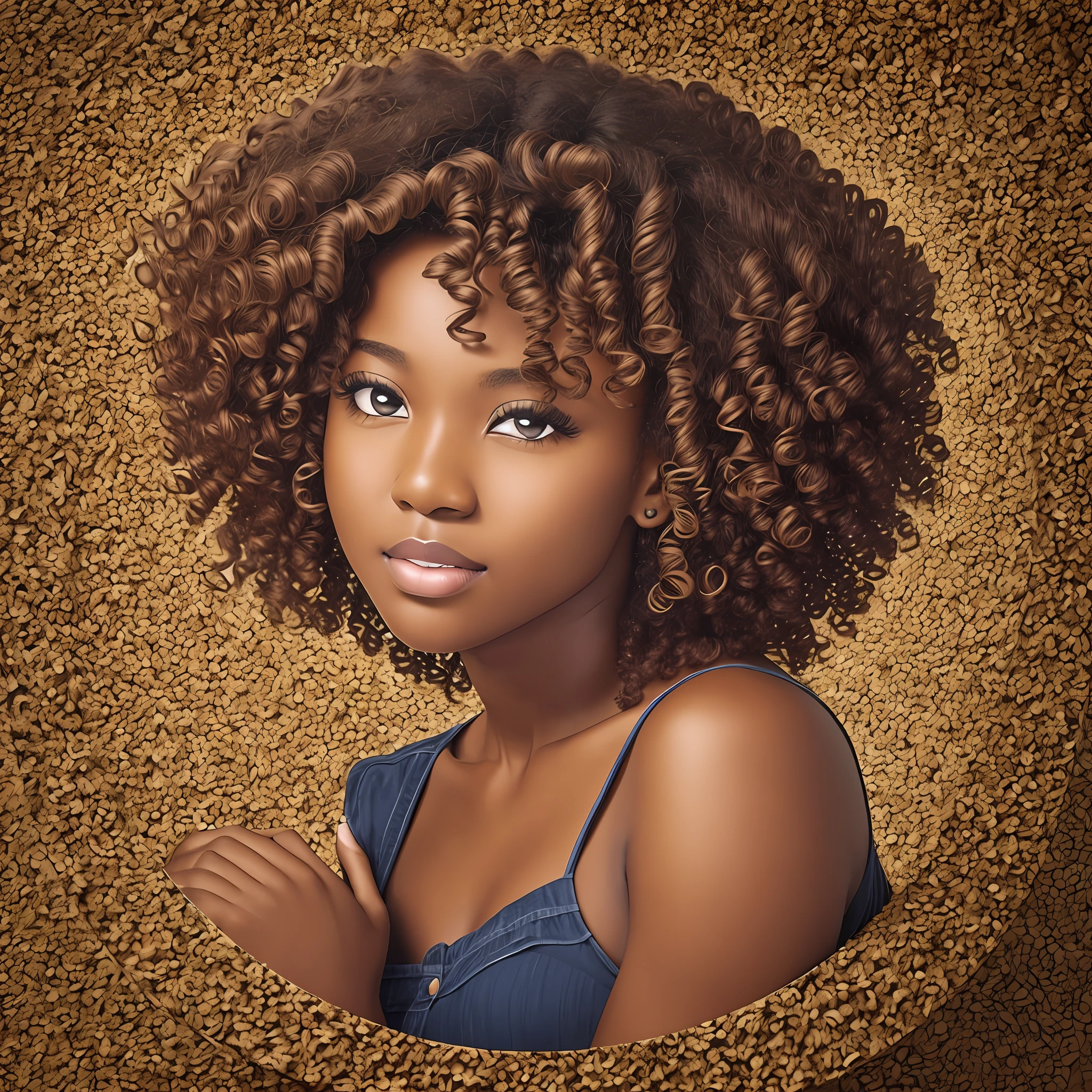 23 year old girl curly hair curled up in a circle shape with dark skin and round face --auto --s2