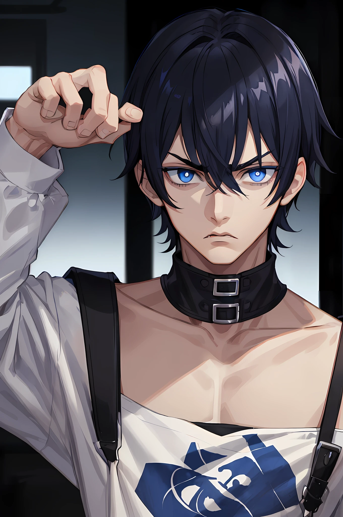 Boy with scary look blue eyes bad boy black hair almost on shoulders,hand resting on face black shirt collar half high black eyebrows relaxed