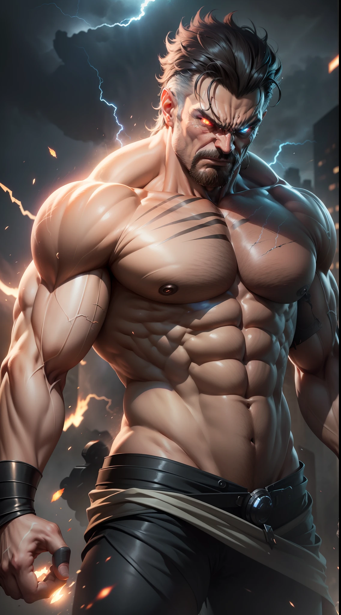 (extremely detailed CG unity 8k wallpaper, masterpiece, best quality, ultra-detailed), (best illumination, best shadow, an extremely delicate and beautiful), muscle man, angry and sinister expression, evil aura, lightning effects.