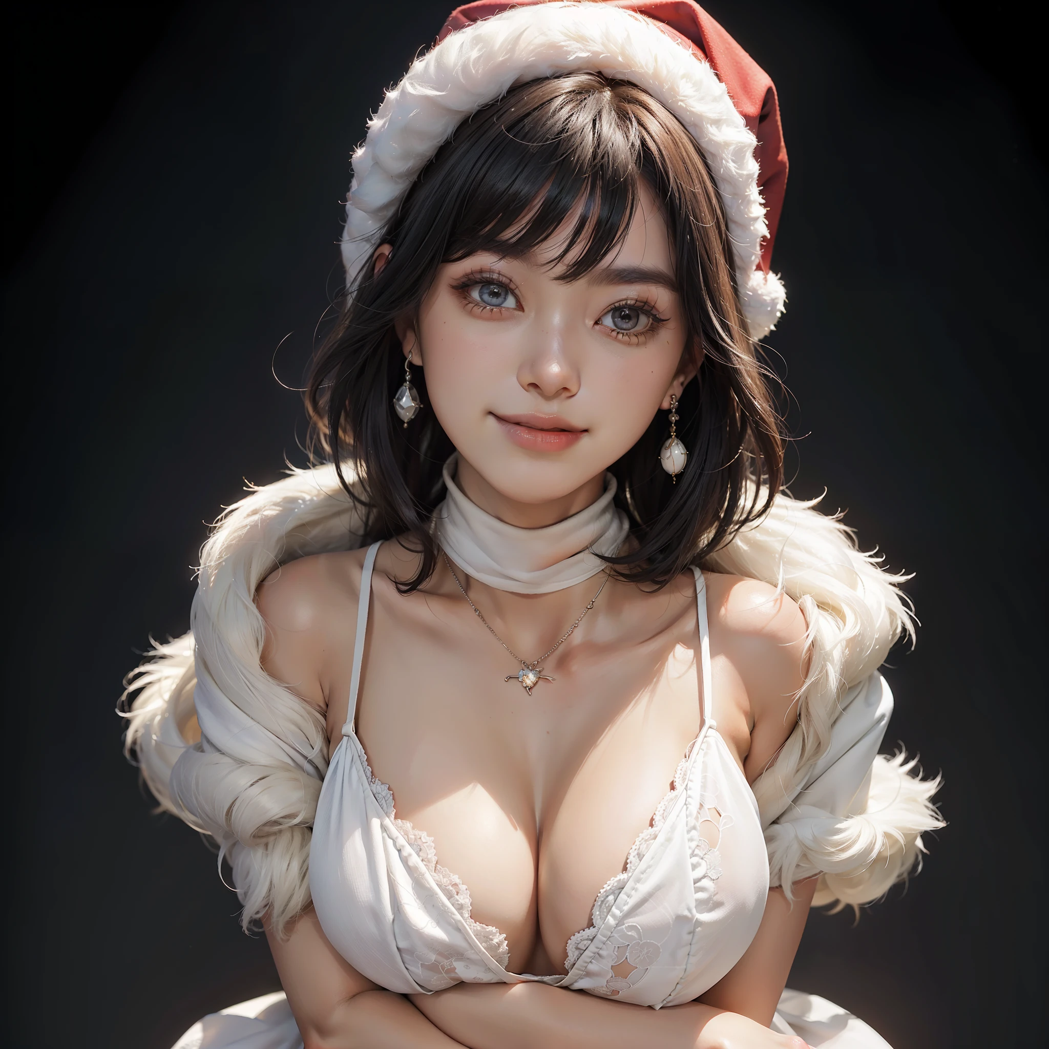 Only one beautiful woman, very sexy body, big breasts looking directly at the camera, sexy expression, breasts between arms to create cleavage, breasts closer, refreshing charm, happy smile, happy smile, cute smile, coquettish smile, glossy skin, big eyes, highlights in pupils, clear double eyelids, eyelashes, long neck, beautiful short hair, Glossy dark black hair, bangs, snow-white background, nothing background, only one woman, red knit, turtleneck, red costume of Santa Claus, (open all buttons: 1.1), Santa Claus hat, smile, smile, big, big breasts, deep cleavage, chest hugging, top quality, masterpiece, illustration, very delicate and beautiful, very detailed, CG, 8K wallpaper, amazing, Fine details, highly detailed CG, Unity, 8K wallpapers, huge file size, very detailed, high resolution, well-organized details women, very detailed big eyes and face, amazing detailed eyes, face light, (Best illustration: 1.1), super high resolution, (photoreal: 1.1), (photoreal: 1.2: 1.1), realistic face proportions, slender, smile, (makeup: 0. 4), (fluffy light-colored eyes: 1.21), pale-colored eyes, round eyes, gaze looking at the beholder, dark brown hair, earrings, necklaces, hairpins, (irregular irregular skin imperfections, veins, skin pores: 1.2), white background, (bokeh: 1.4), straight hair, very short hair, short bob hair, put out a little bangs, bangs, gloss on the skin, gloss on the face, gloss on the lips, Gloss on the chest, glossy skin, smile, smiling, teeth, beautiful alignment, long neck, big eyes, clear eyes, clear double eyelids, both ears out, tremendously cute, overwhelming beauty, highlight in the eyes, chest closer, facing forward, body facing the viewer, hands on cheeks, perfect detailed and beautiful hands, perfect detailed and beautiful fingers, precise number of arms, precise number of fingers, reaching out to the camera