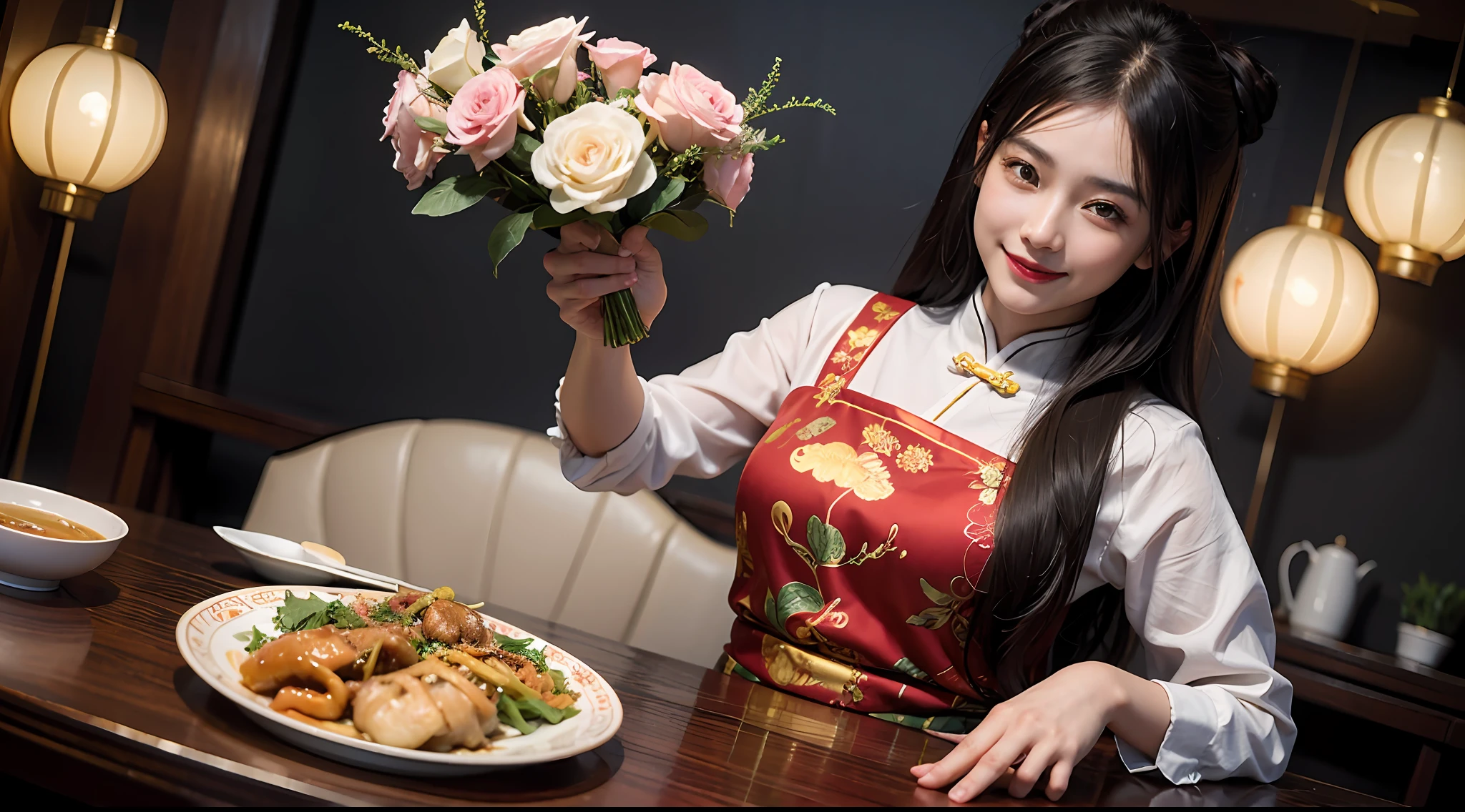 Top Quality, Ultra High Definition, (Photorealistic: 1.4), Ultra Detailed, Incredibly Detailed, Chinese Restaurant, One Girl, Big, (China: 1.5), Cute, Smiling, (No Pan: 1.2), Chinese Food, Vase with Flowers, Magical, (Cameltoe: 1.2)