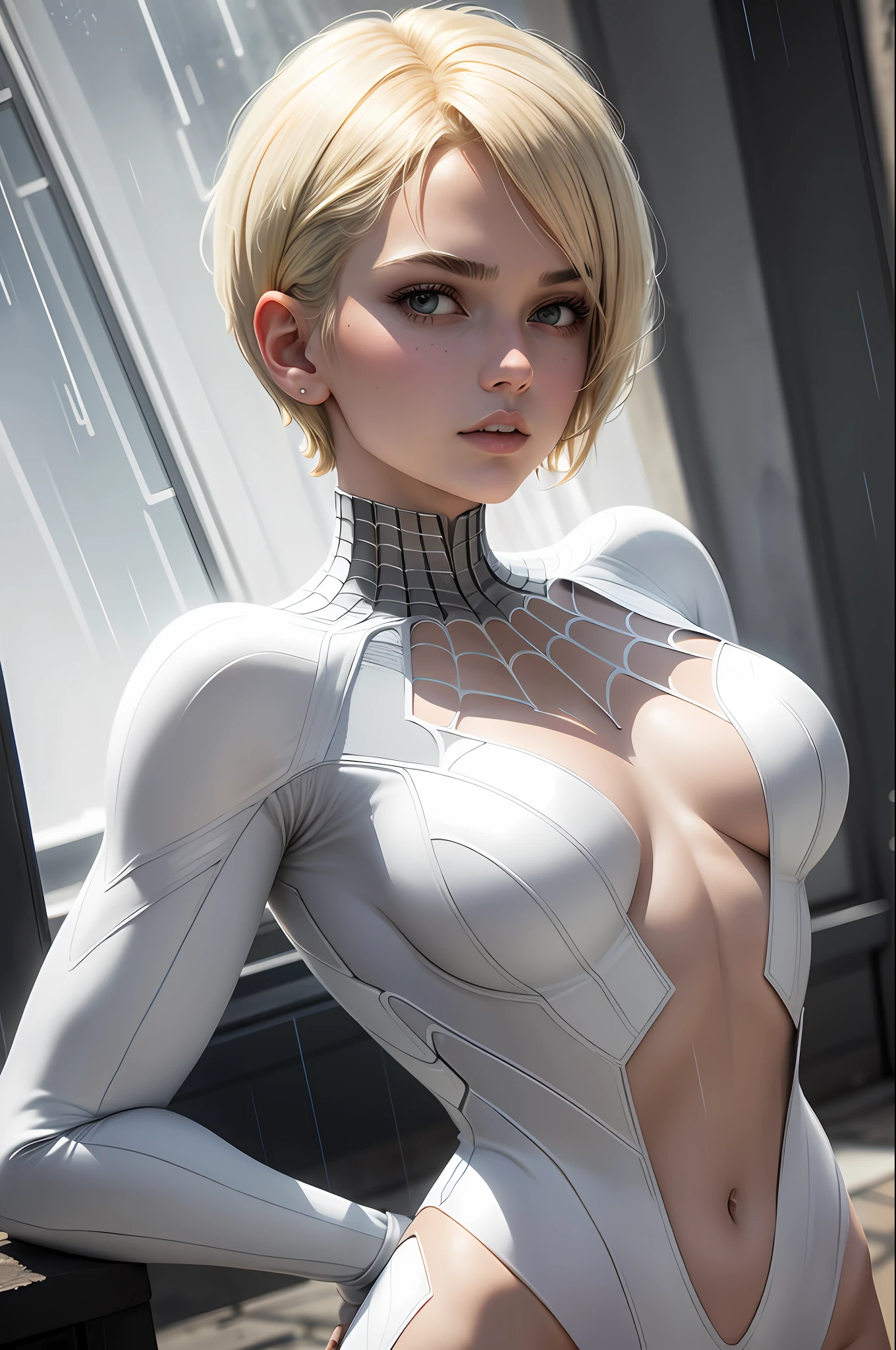 18 yo girl, white spider man suit, short blunt hair, blonde, beautiful face, rain, roof, masterpiece, intricate detail, perfect anatomy