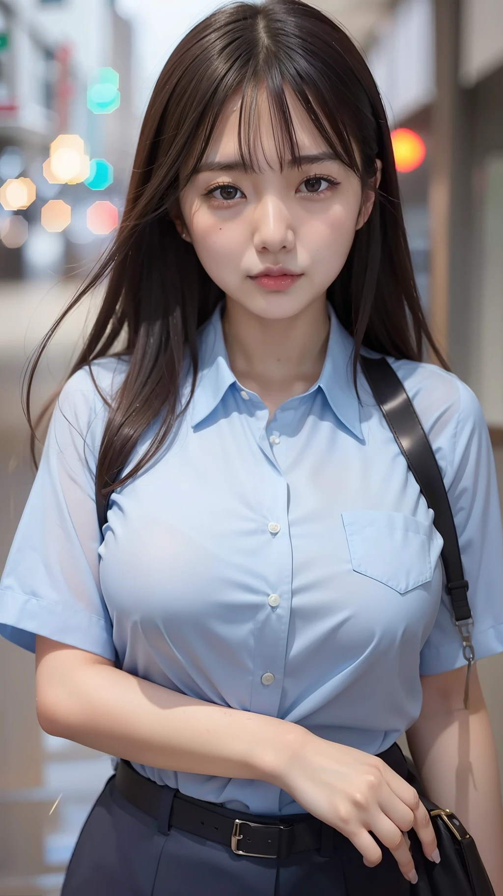 Japan girl, girl in her twenties, just the right size breasts, perfect breasts, perfect skin, wet hair, perfect, dark hair, brown eyes, office lady, navy suit, light blue shirt, rain, glossy, luminous, city, overwhelming girlfriend feeling,