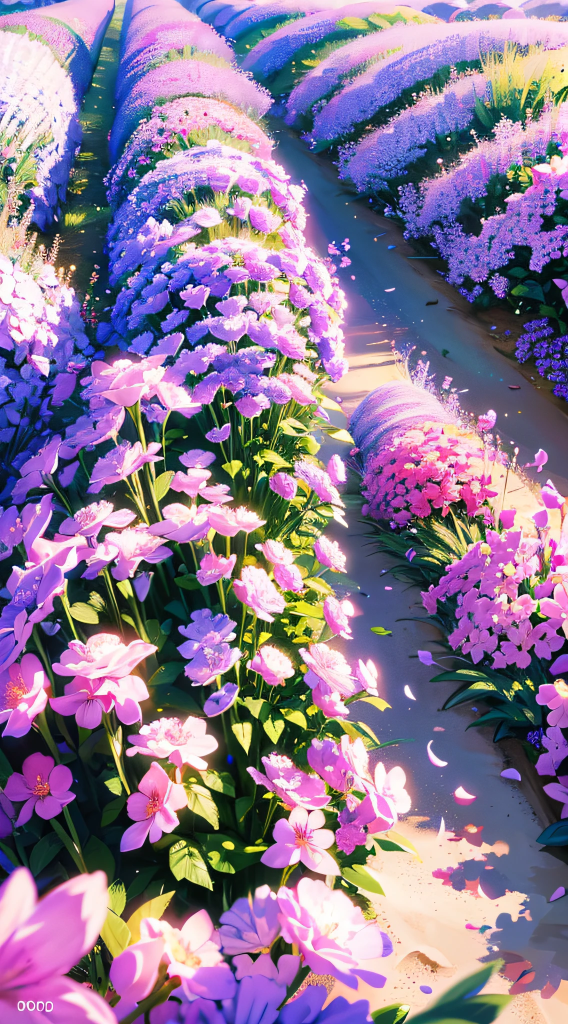 On a sunny day, 1000 lavender blooms, petals beautiful, transparent, aerial photography, soft, soft, romantic, quiet, delicate, ultra-high resolution and ultra-HD panoramic images, photo realistic, 16K --v 5 --ar 2:3 --auto --s2