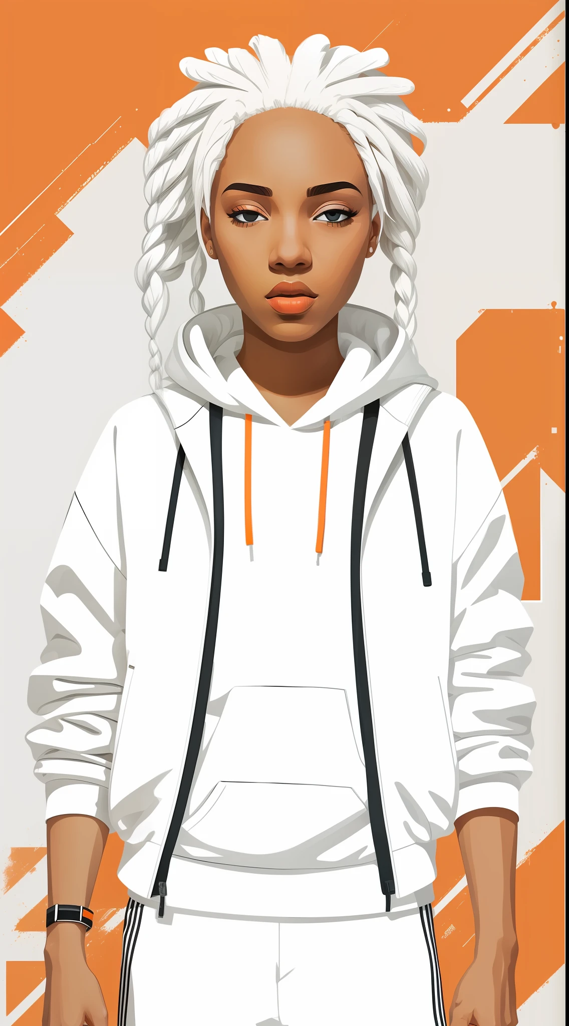clean,minimalist,vector art,pop art,1rapper girl with white dreads hair,white techwear clothes,tatical clothes(orange,white),strong tracing around image,background with minimalist graffittis