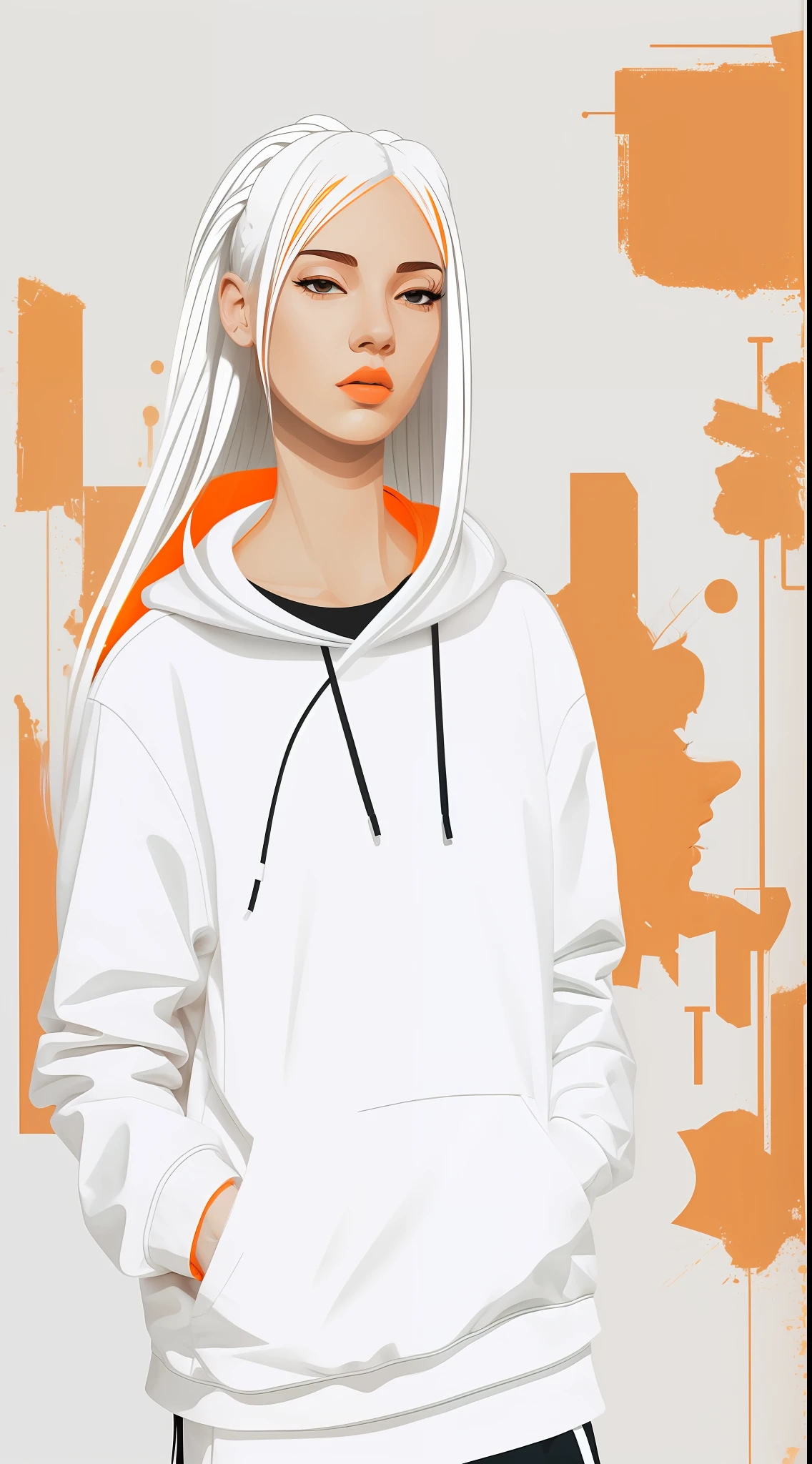 clean,minimalist,vector art,pop art,1rapper girl with white dreads hair,white techwear clothes,tatical clothes(orange,white),strong tracing around image,background with minimalist graffittis