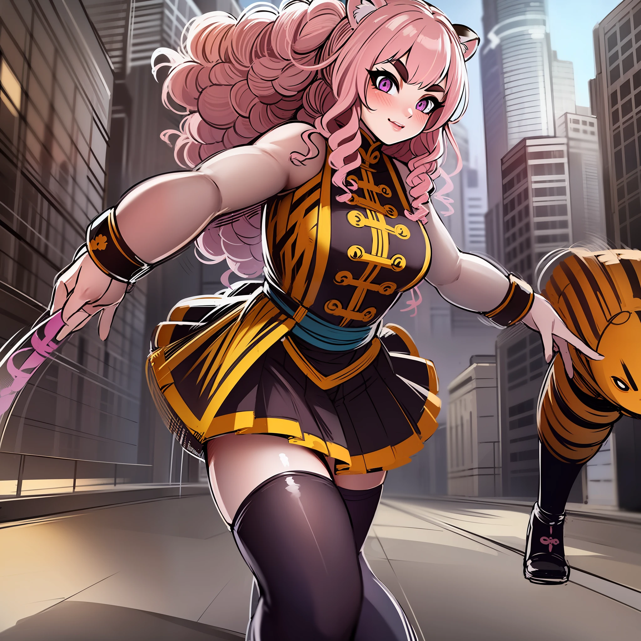 little girl, tiger ears, tiger tails, martial art, medium chest, pink hair, skirt, jacket, godess,1girl,coat,walking, solo focus.1character