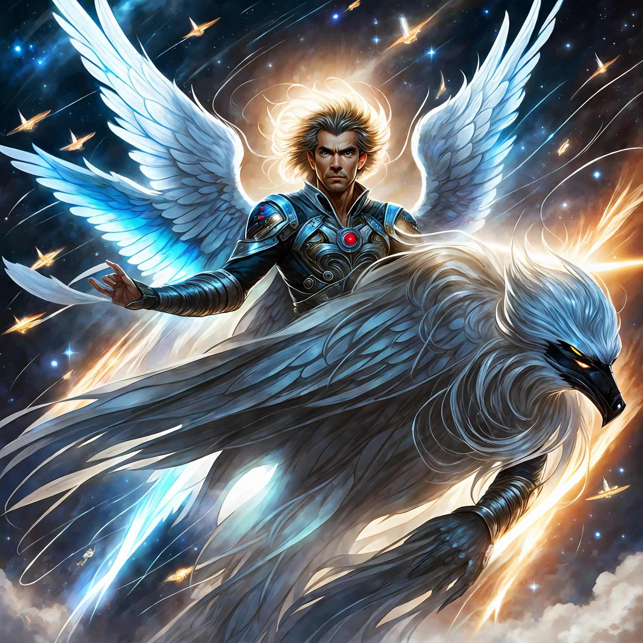 A man with an aged face, with angel wings, big hair, in high resolution, flying in outer space, with flying animals around, spaceship flying, --auto --s2