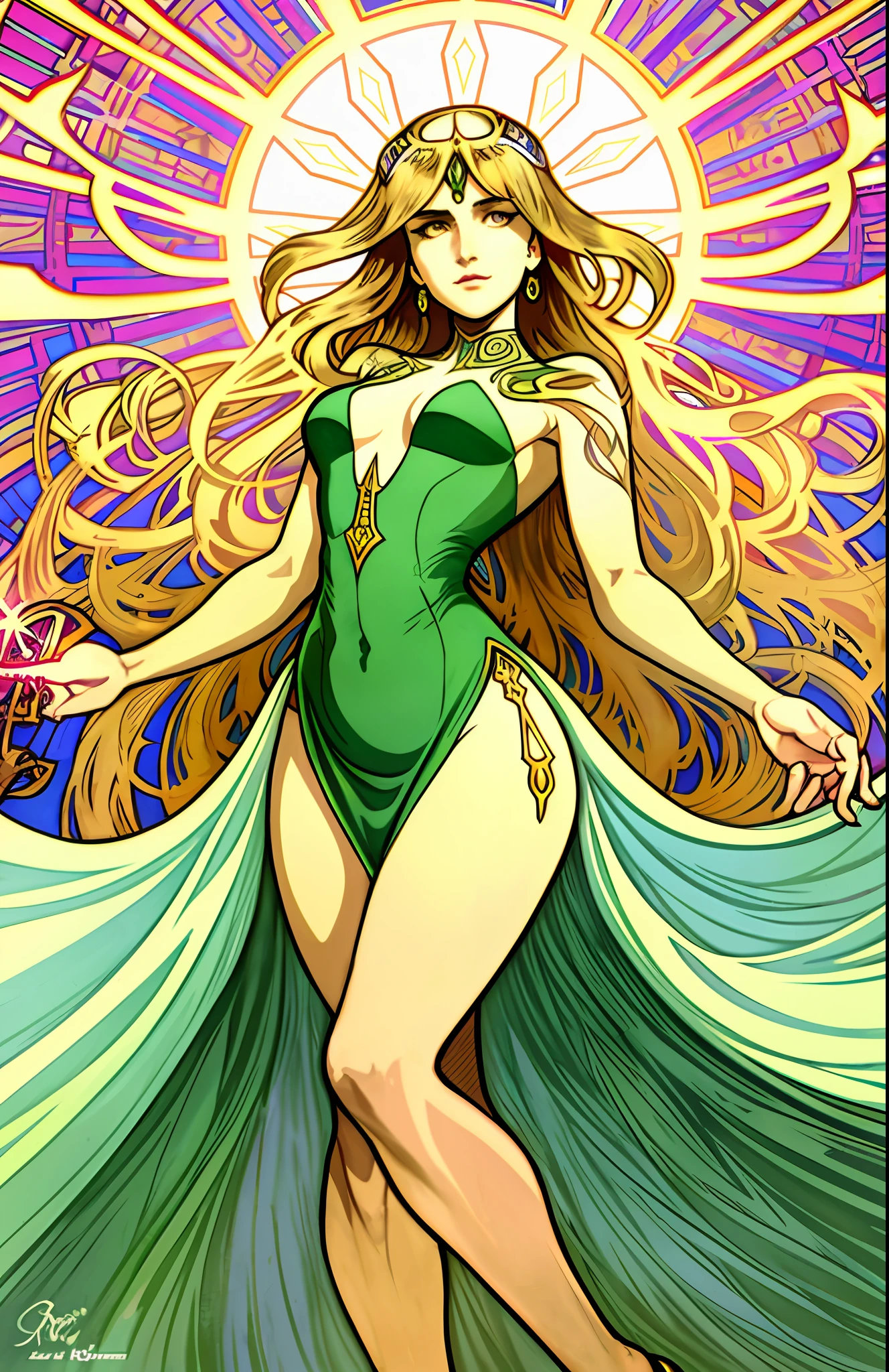 Art Style/Greg Rutkowski
Art Style/Alphonse Mucha
Art Style/Berlin Secession
Art Style/Art Deco
Subject/Portrait of a Beautiful Woman
Body Type/Full Breasts
Elegant long apparel/dress
Pose/Holding golden dagger
Facial Expression/Calm
Lips/Light Pink
Eyes/Green
Hair/Golden and Long/Large Curls
Design Element/Arabesque and Jewelry