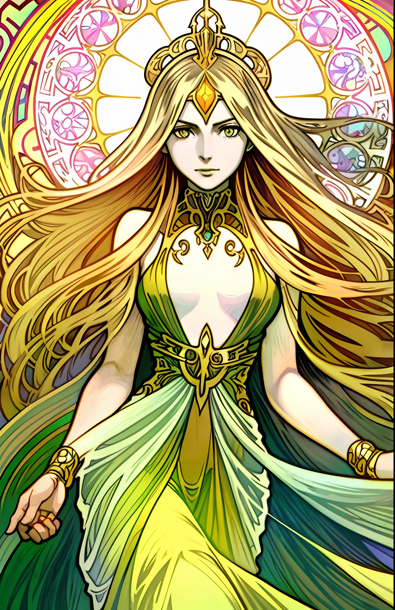 Art Style/Greg Rutkowski
Art Style/Alphonse Mucha
Art Style/Berlin Secession
Art Style/Art Deco
Subject/Portrait of a Beautiful Woman
Body Type/Full Breasts
Elegant long apparel/dress
Pose/Holding golden dagger
Facial Expression/Calm
Lips/Light Pink
Eyes/Green
Hair/Golden and Long/Large Curls
Design Element/Arabesque and Jewelry