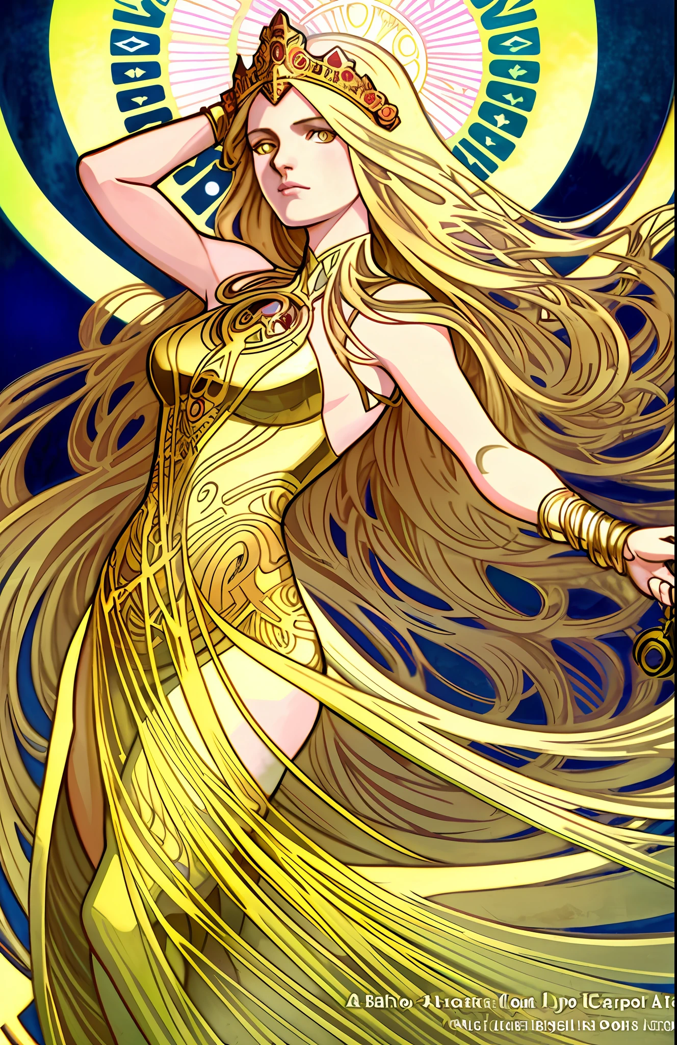 Art Style/Greg Rutkowski
Art Style/Alphonse Mucha
Art Style/Berlin Secession
Art Style/Art Deco
Subject/Portrait of a Beautiful Woman
Body Type/Full Breasts
Elegant long apparel/dress
Pose/Holding golden dagger
Facial Expression/Calm
Lips/Light Pink
Eyes/Green
Hair/Golden and Long/Large Curls
Design Element/Arabesque and Jewelry