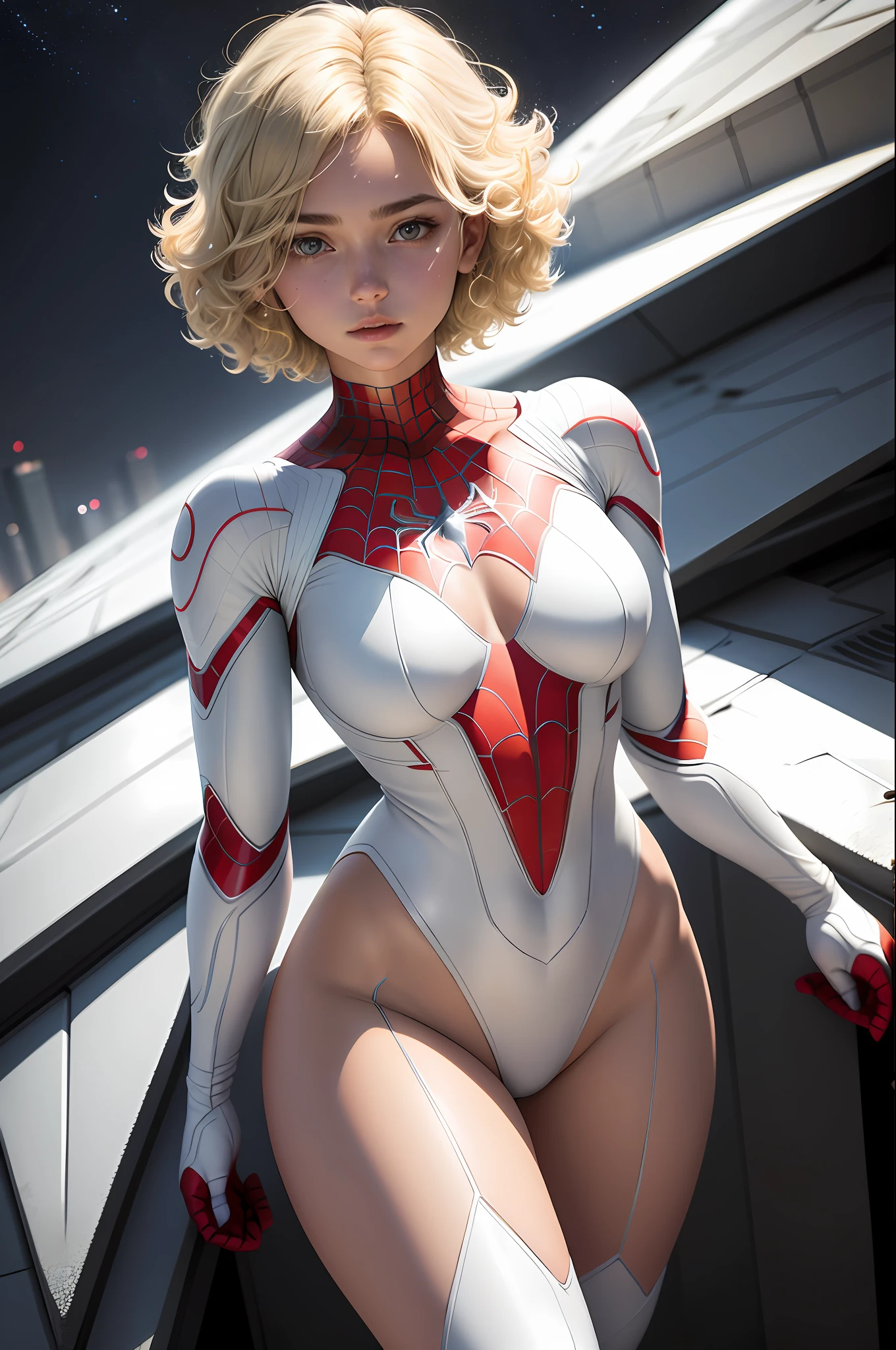 18 year old girl, white Spider-Man suit, short curly hair, blonde hair, beautiful face, star rain, roof, masterpiece, exquisite details, perfect anatomy,
