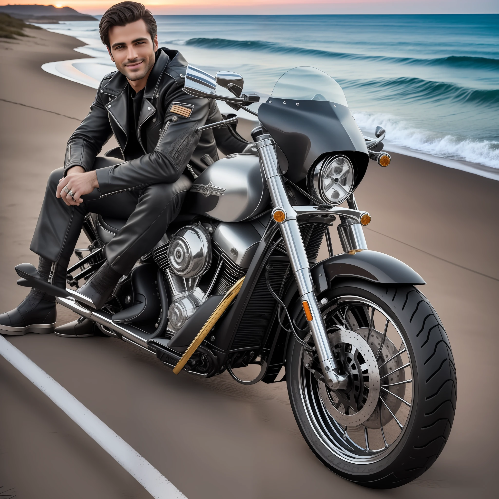 Ultra realistic masterpiece, 4k, of a man with a full body brunette, very handsome, detailed face, smile from corner of face, dark brown eyes, black hair with military cut, athletic bearing. Wearing an aged military leather jacket (very well detailed, with zipper on the front, silver details on the zipper and pocket buttons). He's sitting on a black Harley deivison motorcycle with gold accents. He is on the edge of the track, facing a beach at sunset. Beach vegetation around very beautiful.