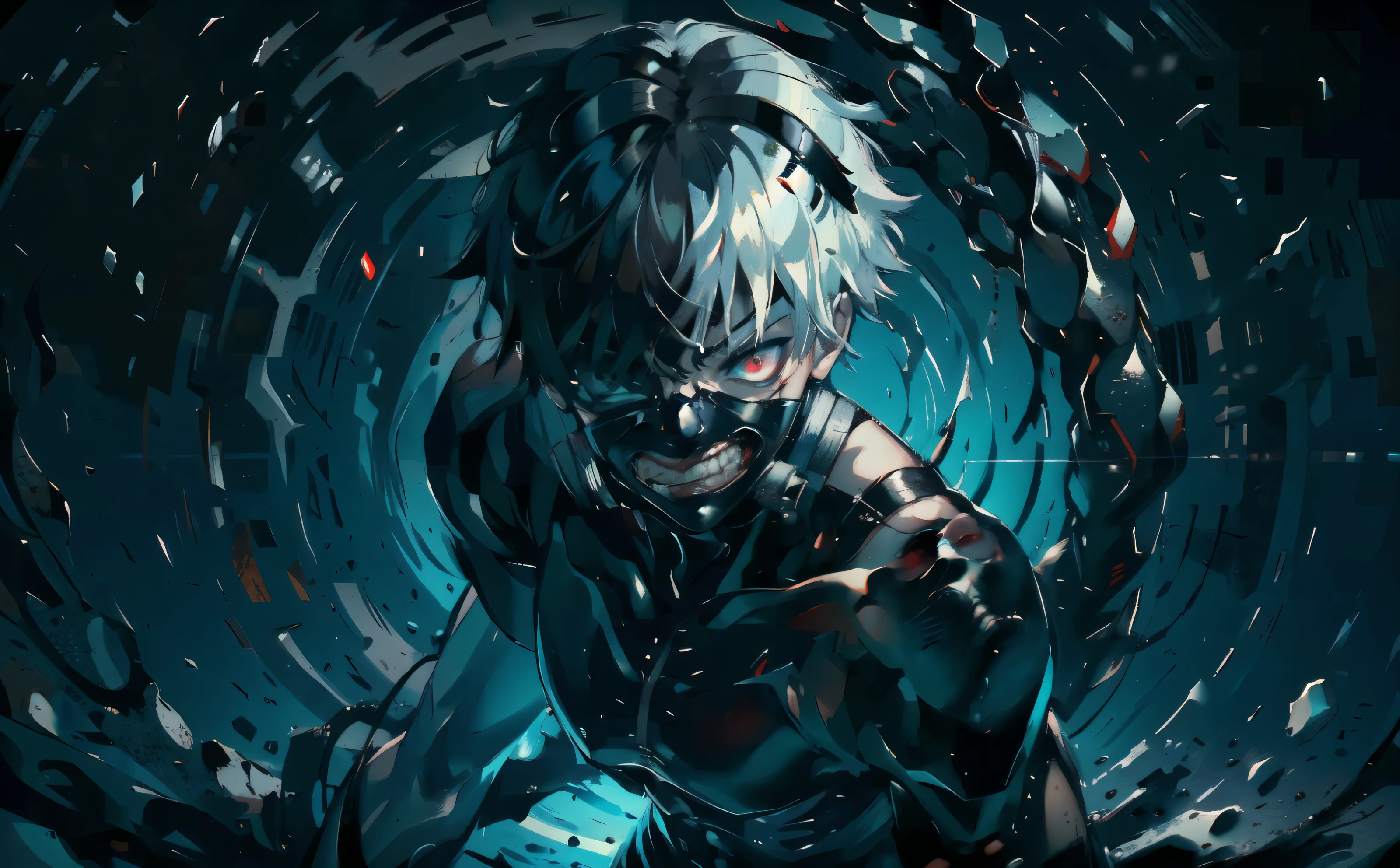 8k, anime, portrait, best quality, ultra high res, ultra detailed, black and high constrast color tone, extremely detailed lighting, cinematic lighting, soft lights, (masterpiece, high quality:1.4), (kaneki ken, black hair, white hair, red and black eye, mask | teeth, blood eyes, black clothes, scorpio tentacles),  blood, ((full body)), (dynamic pose), black background, thrilling, (fierce face)