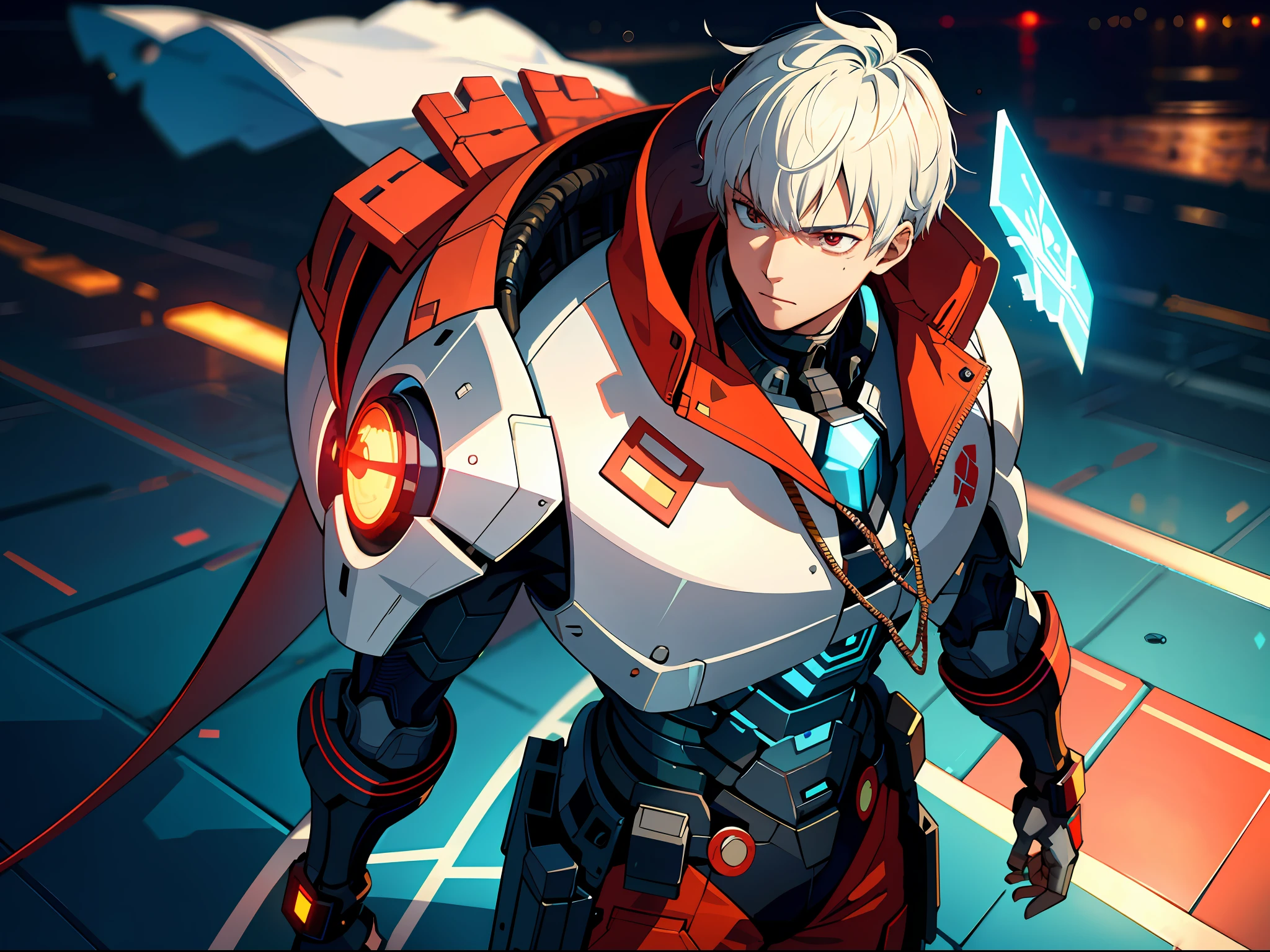HD clear, best images, illustrations, super detailed, a young man wearing a cyberpunk style (white combat uniform), detailed face, and facial features, standing on the seaside pier with a thoughtful expression on his face, behind him is a huge red mech