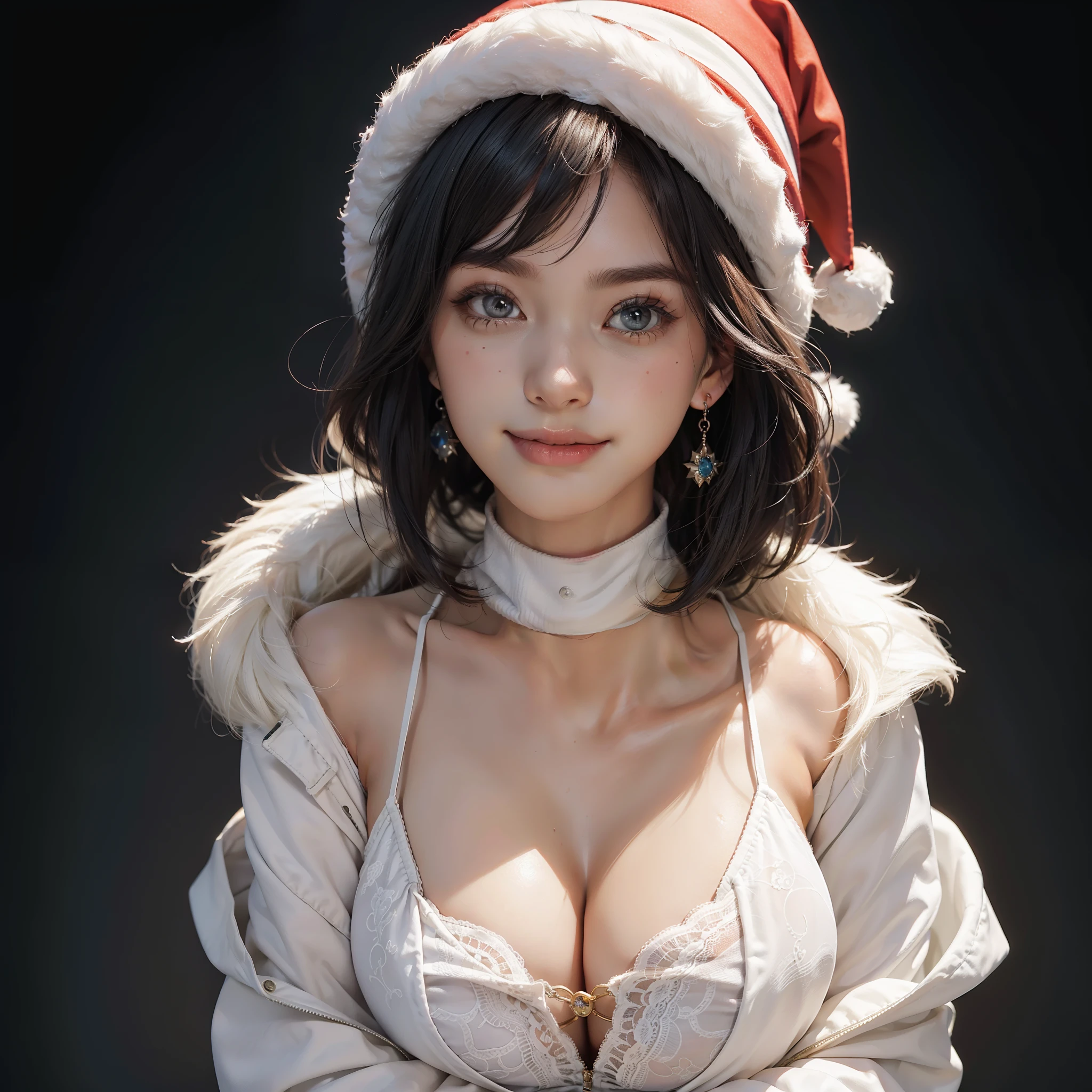 Only one beautiful woman, very sexy body, big breasts looking directly at the camera, sexy expression, breasts between arms to create cleavage, breasts closer, refreshing charm, happy smile, happy smile, cute smile, coquettish smile, glossy skin, big eyes, highlights in pupils, clear double eyelids, eyelashes, long neck, beautiful short hair, Glossy dark black hair, bangs, snow-white background, nothing background, only one woman, red knit, turtleneck, red costume of Santa Claus, (open all buttons: 1.1), Santa Claus hat, smile, smile, big, big breasts, deep cleavage, chest hugging, top quality, masterpiece, illustration, very delicate and beautiful, very detailed, CG, 8K wallpaper, amazing, Fine details, highly detailed CG, Unity, 8K wallpapers, huge file size, very detailed, high resolution, well-organized details women, very detailed big eyes and face, amazing detailed eyes, face light, (Best illustration: 1.1), super high resolution, (photoreal: 1.1), (photoreal: 1.2: 1.1), realistic face proportions, slender, smile, (makeup: 0. 4), (fluffy light-colored eyes: 1.21), pale-colored eyes, round eyes, gaze looking at the beholder, dark brown hair, earrings, necklaces, hairpins, (irregular irregular skin imperfections, veins, skin pores: 1.2), white background, (bokeh: 1.4), straight hair, very short hair, short bob hair, put out a little bangs, bangs, gloss on the skin, gloss on the face, gloss on the lips, Gloss on the chest, glossy skin, smile, smiling, teeth, beautiful alignment, long neck, big eyes, clear eyes, clear double eyelids, both ears out, tremendously cute, overwhelming beauty, highlight in the eyes, chest closer, facing forward, body facing the viewer, hands on cheeks, perfect detailed and beautiful hands, perfect detailed and beautiful fingers, precise number of arms, precise number of fingers, reaching out to the camera