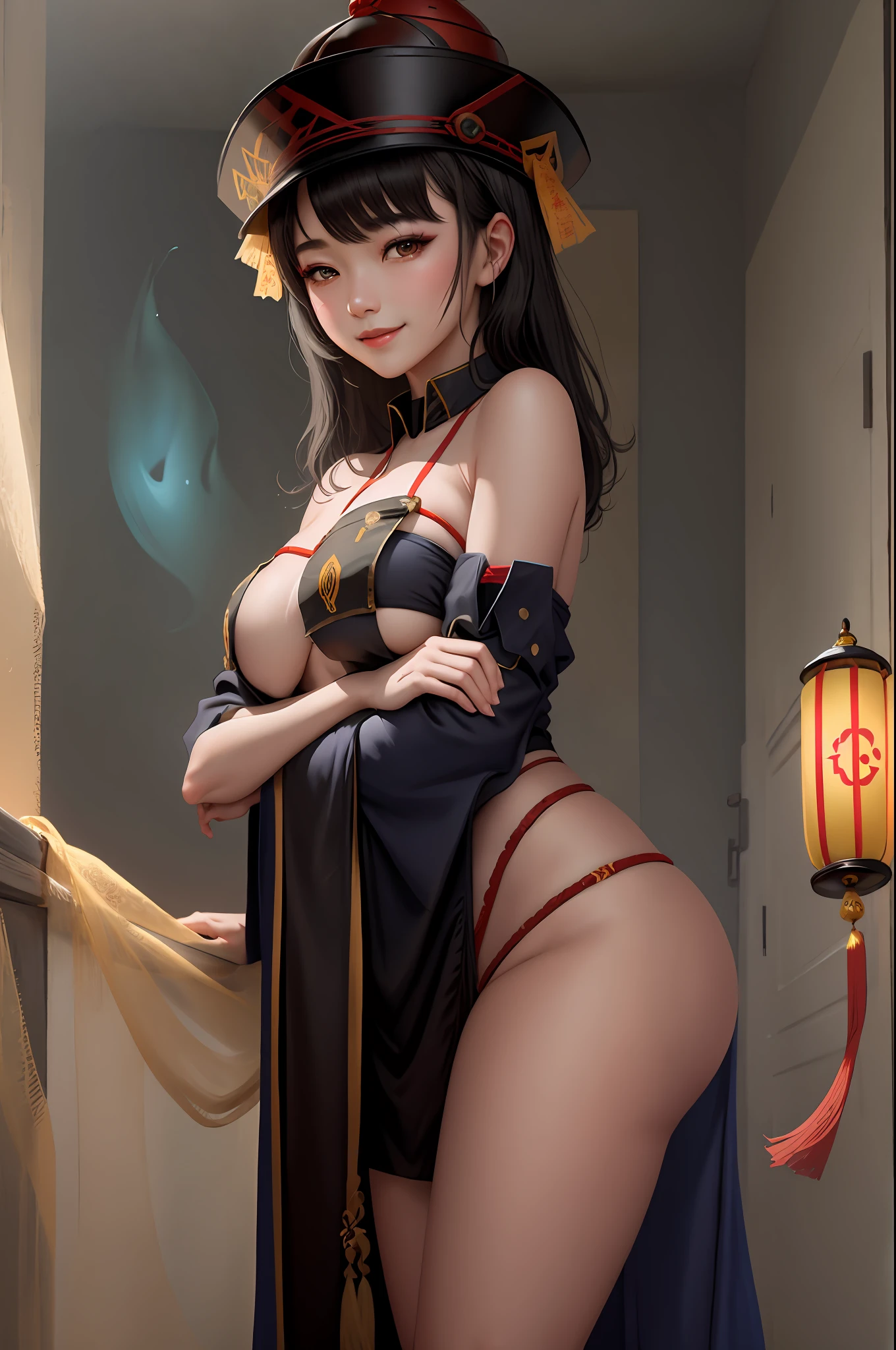 masterpiece,1girl,solo,black hair,underboob, hat,light_smile,ofuda,china dress, crossed arms,