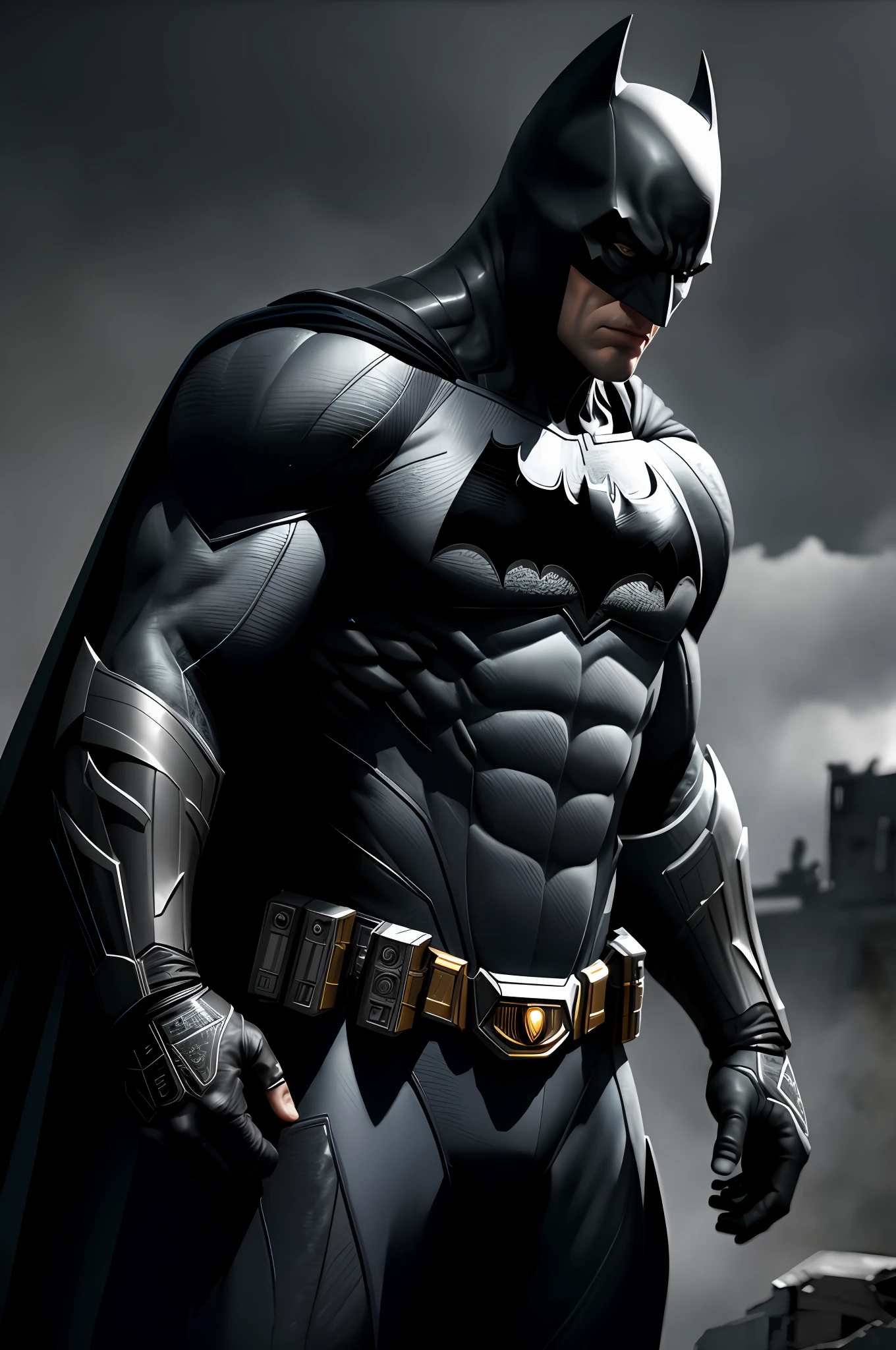 (8k, RAW photo, best quality, masterpiece: 1.2), ultra-detailed, formal art, photorealism: 1.37, upper body shot, DC Batman, film grain, action pose