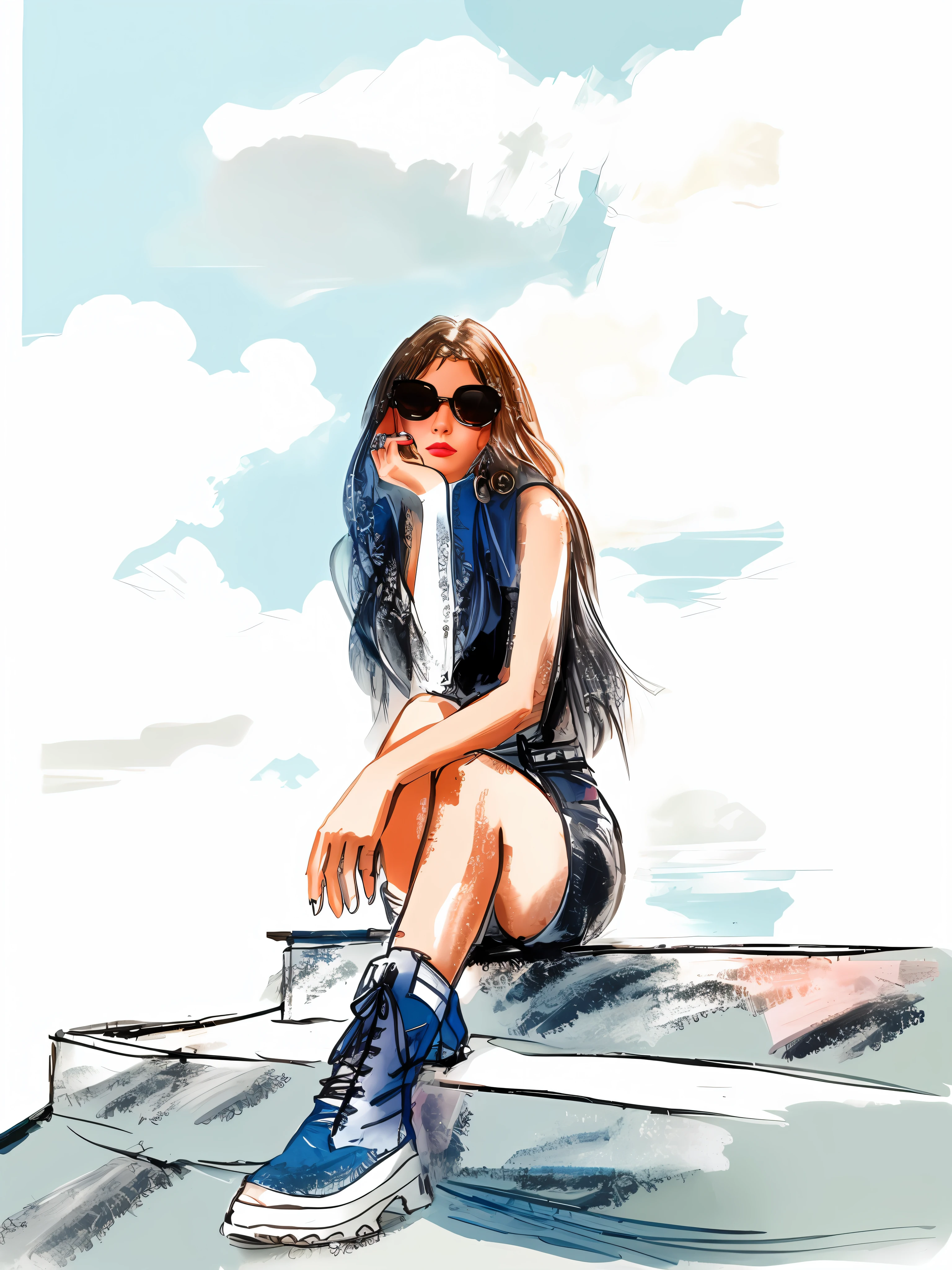 Draw a woman sitting on windowsill, double fork, girl sitting on roof, woman sitting, luxury fashion illustration, in digital illustration style, fashion illustration, drawing style, fashion woman, mixed media style illustration, urban girl fan art, illustration! , in the art style of Beauvot,