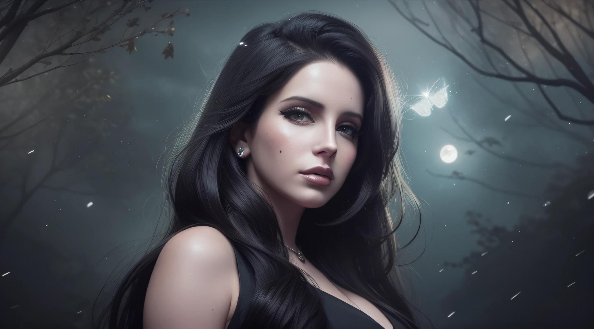 Lana Del Rey, dressed as a black witch, sad, drag, on a background of sky forest cursed at night with fireflies.