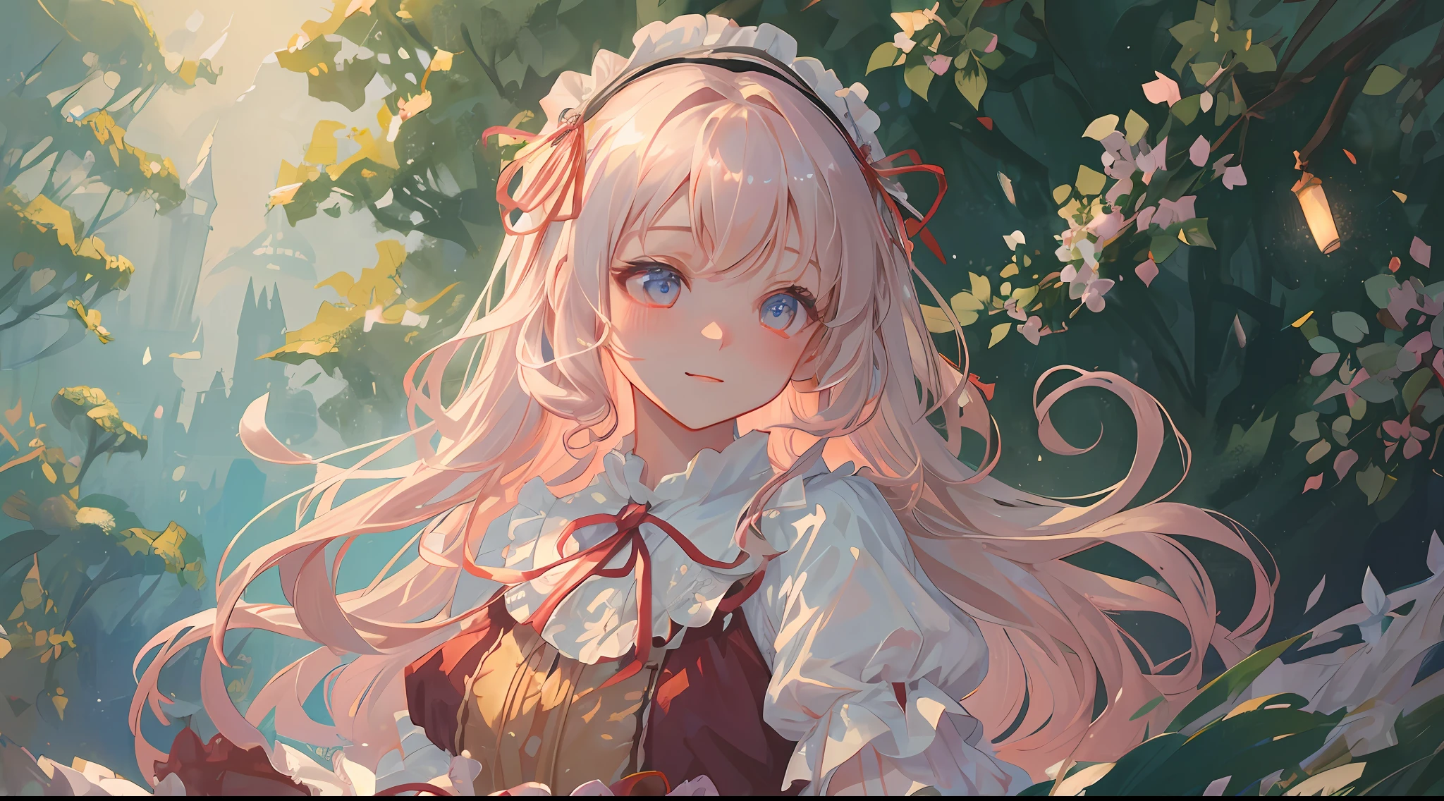 (1girl:1.2), slight blush, wavy hair, fluffy hair, capelet, lace trim, lace, frills, lolita, elegant, bodice, light smile, peaceful, colorful, (winter:0.7), (flowers:0.7),, nature, princess, royal, extremely detailed, beautiful background, white, depth of field, cinematic lighting, Ghibli-like colours, high detail, scenery, horizon, wind, (bright:0.7), wind blow, lolita clothes, 8k, bokeh, award winning, (masterpiece:1.3), best quality, anatomically correct, perfect hands