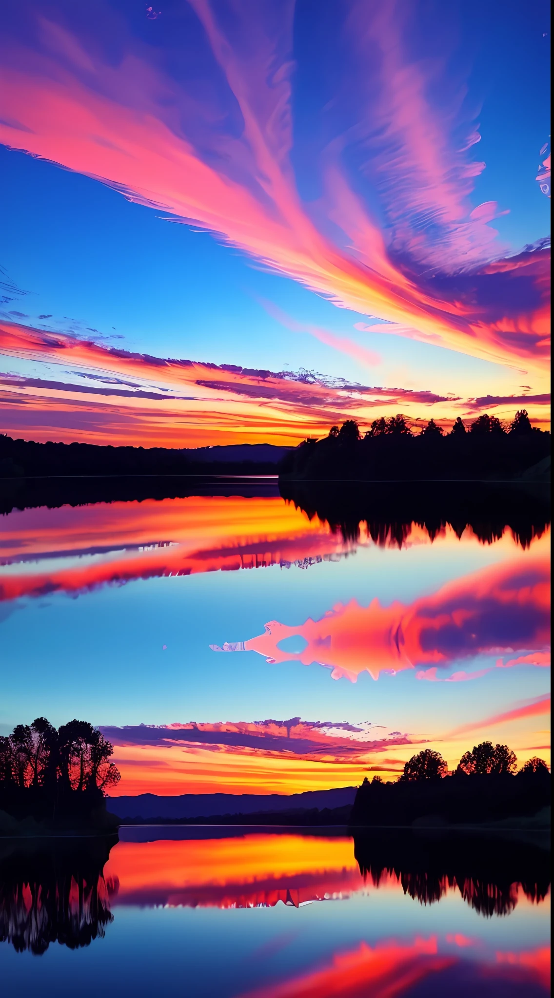 There is a beautiful sunset with a lake and trees in the background, colorful skies, surreal colors, colorful sunset, colorful sky, wonderful reflection of the sky, stunning sky, dream like 8k atmosphere, colorful clouds, colors reflecting on the lake, surreal sky, red and blue reflections, fire reflection, beautiful sky, beautiful and spectacular twilight, beautiful dream landscape, amazing skyseveral birds flying
