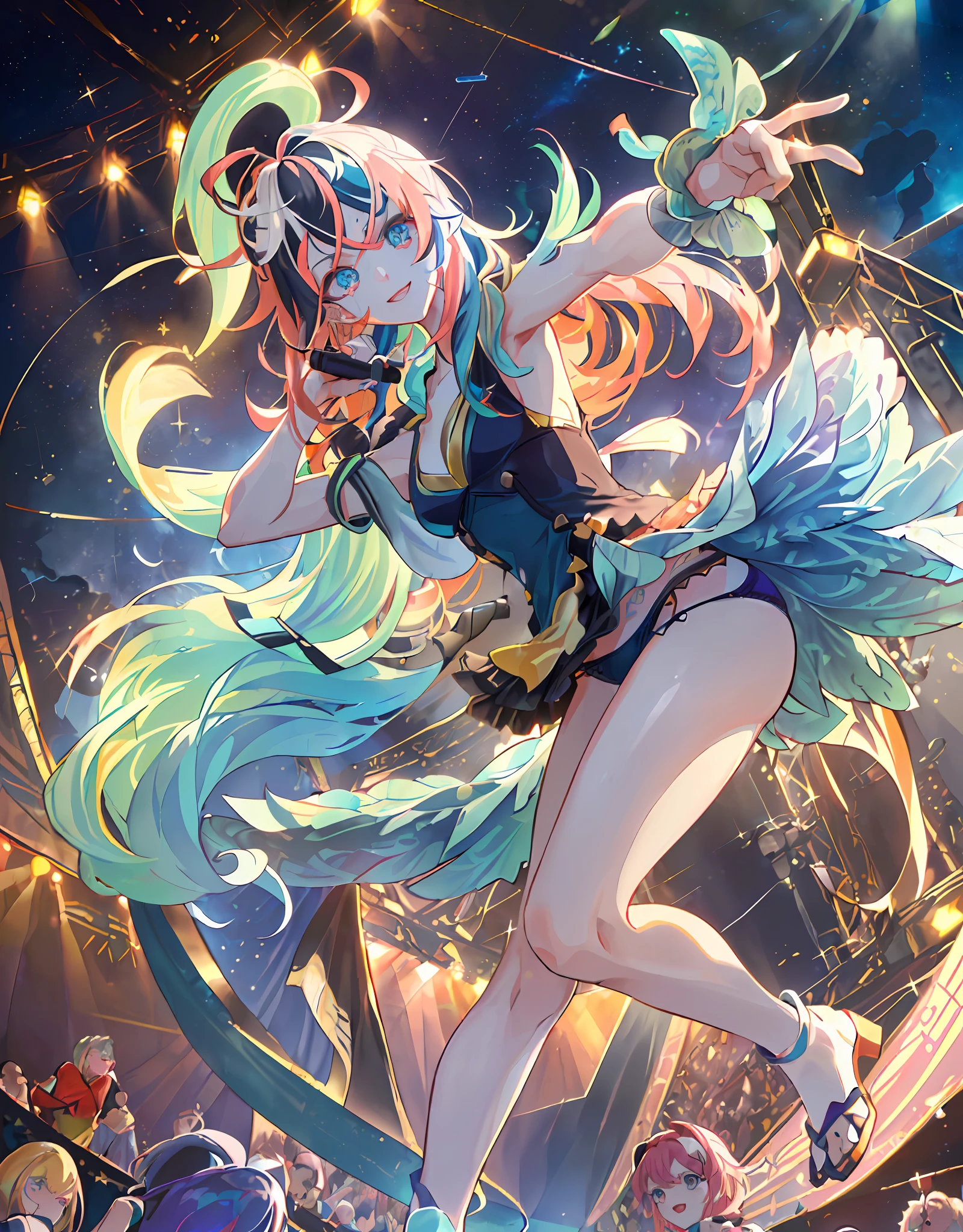 Anime, Masterpiece, ((((Detailed Eyes and Detailed Face: 1.2)), Dynamic Angle, (((Detailed Eyes and Detailed Face: 1.2)))))), (Perfect Human Hand, Super Detailed Human Five Fingers)))), ((Perfect Human Foot)), Upper Body, 1 or 2 Girls, Smile, Wolf Ears, Wolf Tail, Pink Eyes, Hair Between Eyes, ((((Wink))), D Cup, Cleavage, Striped Hair, (((((Variegated hair color: 1))))), (((Random hair color: 1)))), Variegated hairstyles: 1, Twin tails, ultra-detailed gradient hair, ((T-shirt with kagenari letters)))), professional designer, fashion leader, ruffled dress, Love Live, jewelry, backstage, best stage, climax, professional stage, ( Holding the microphone with your left hand and singing emotionally, overflowing emotions, the best smile))), singer, vocalist: 1, idol, diva, professional stage, professional lighting, live lighting, averting gaze, fan service: 1, ((((satellite photo seen from the audience)))), ((((Panchira, cute panties))))