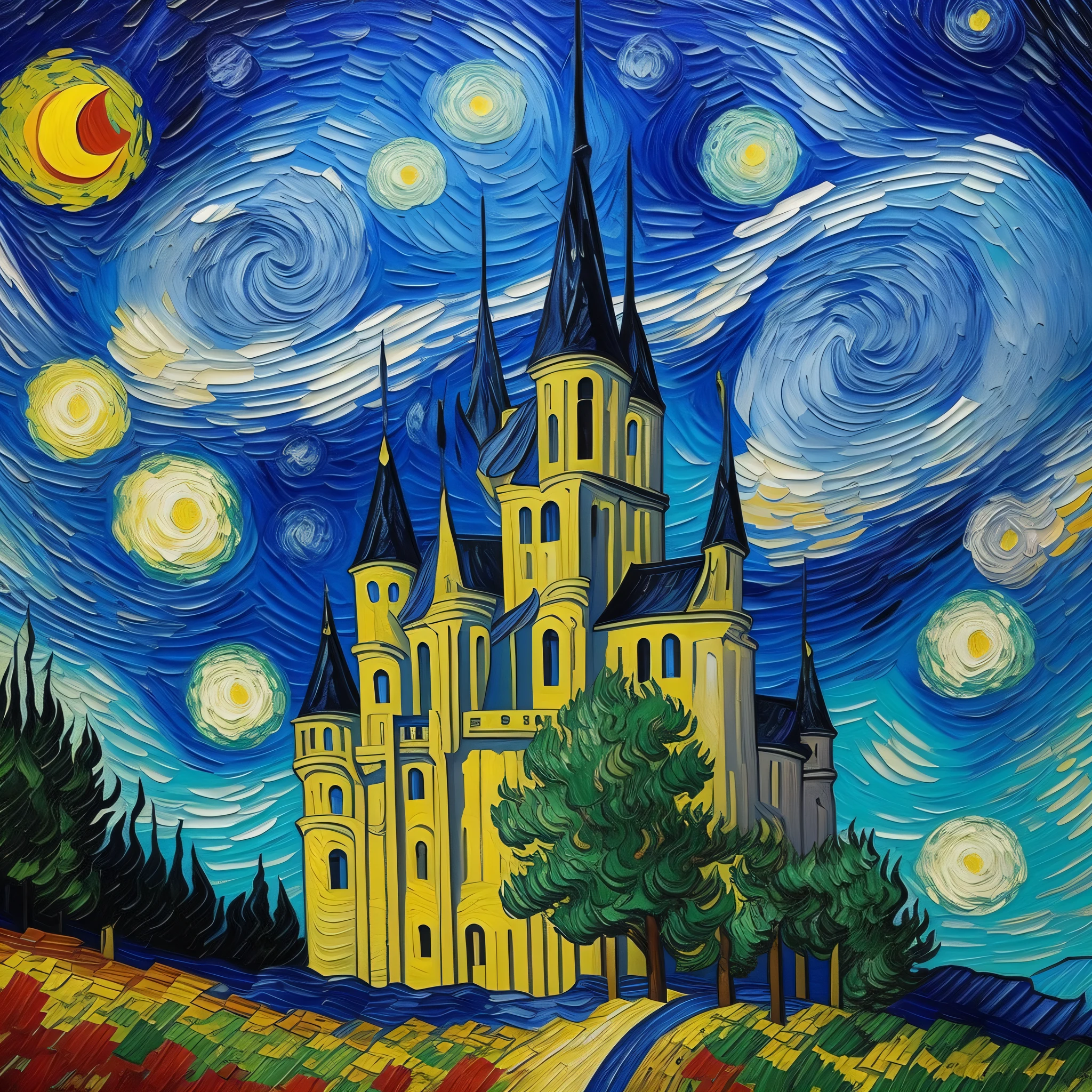 In a Van Gogh-inspired oil painting, the castle's swirling, vivid colors breathed life into its towering walls. Expressionist brushstrokes captured the structure's grandeur, while star-speckled skies echoed the artist's signature style.